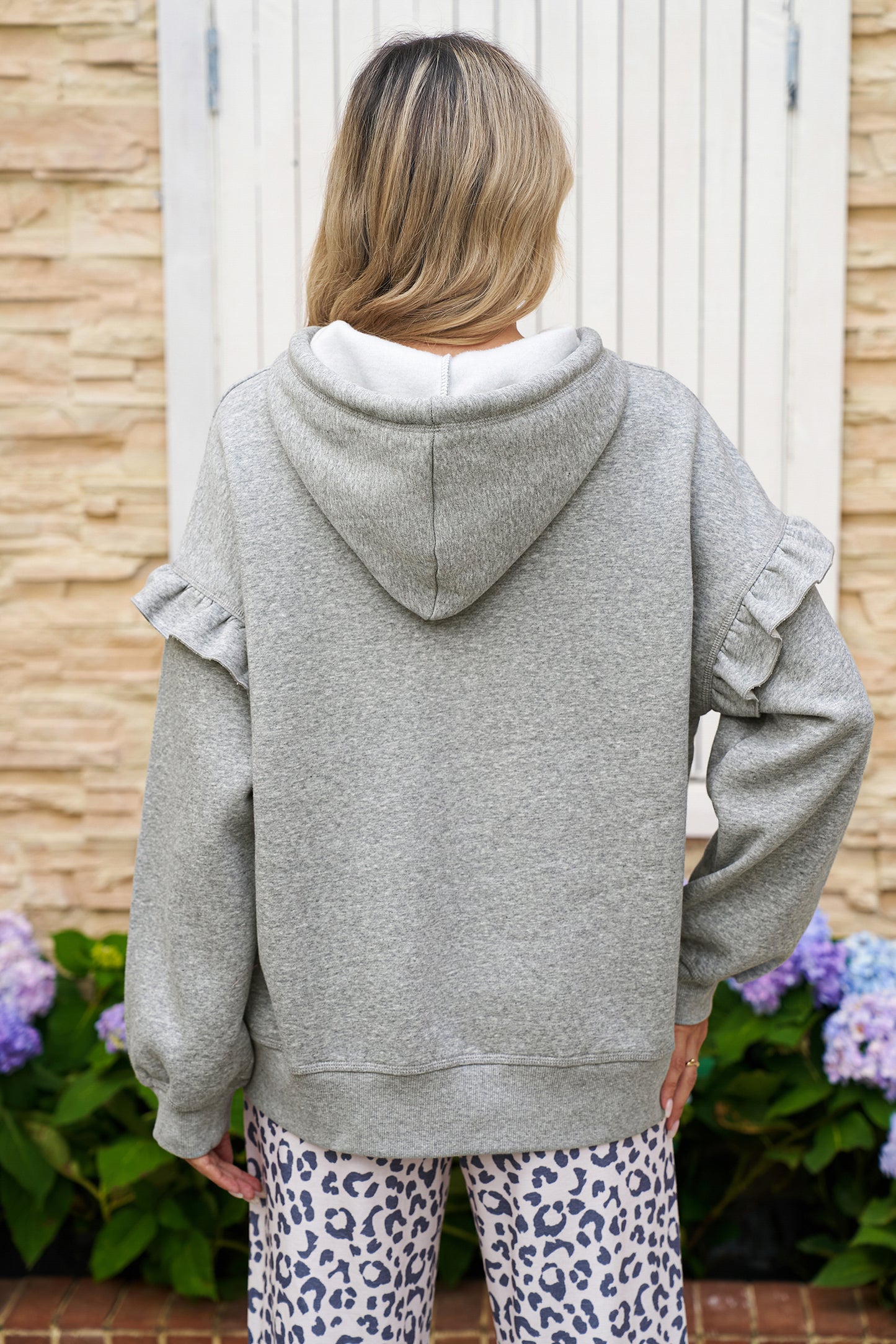 Gray Solid Ruffle Pocket Drawstring Long Sleeve Hoodie