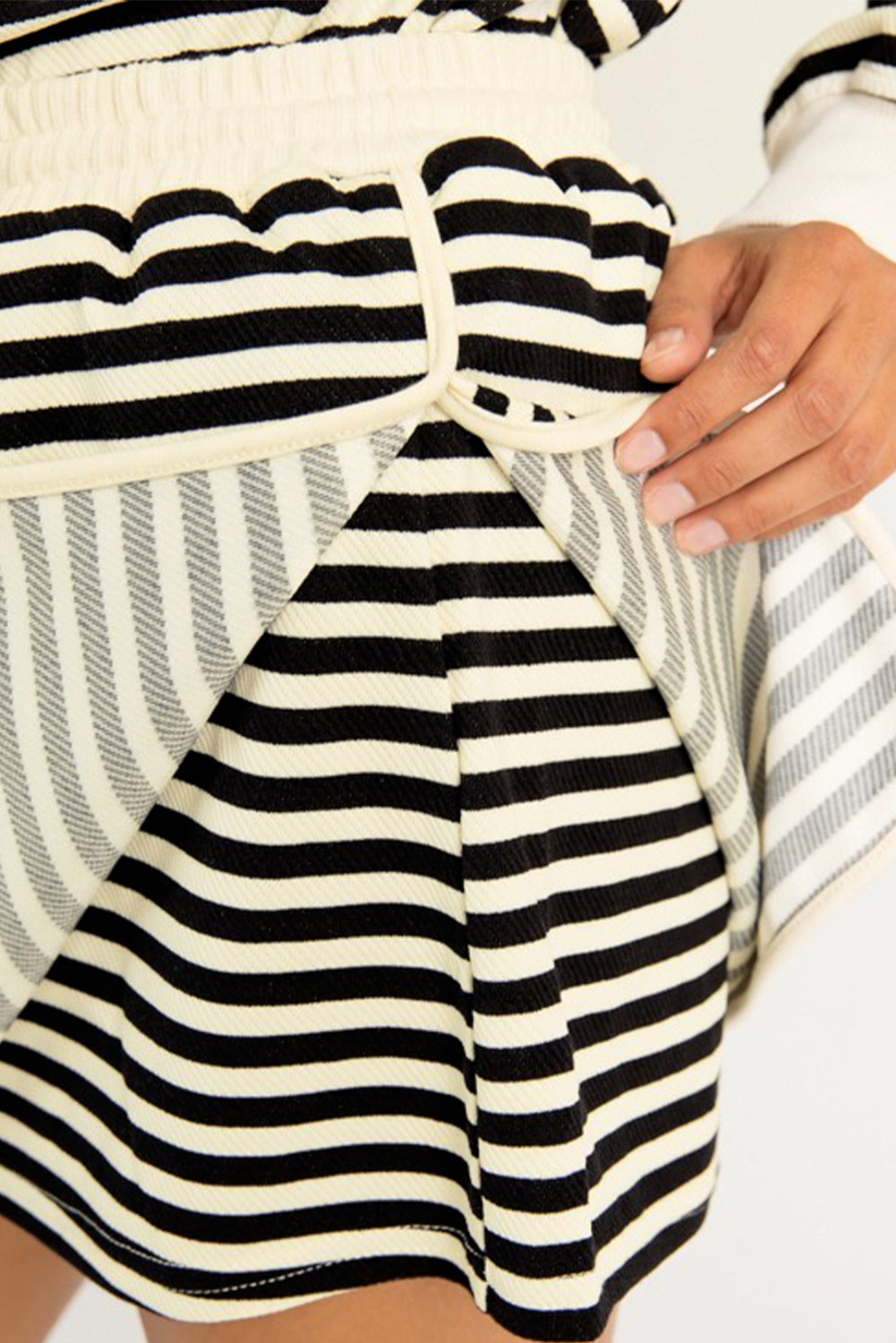 Black Stripe Textured Drop Shoulder Pullover Top Drawstring Mini Skort Two Piece Dress Set