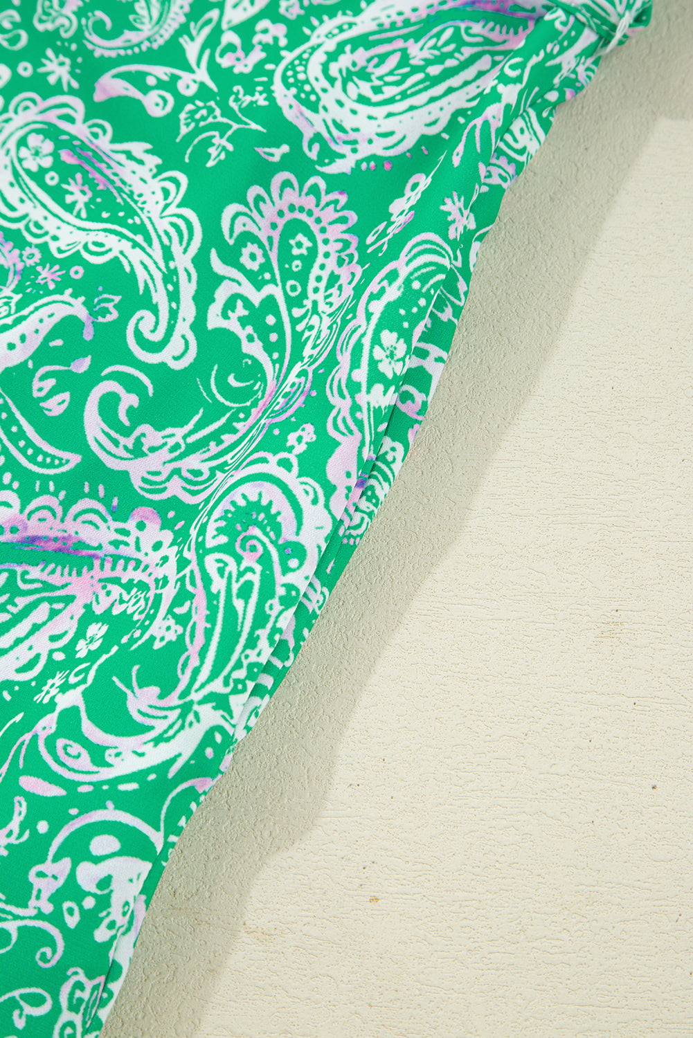 Green Paisley Print Long Sleeve Button Front Tied Waist Mini Dress