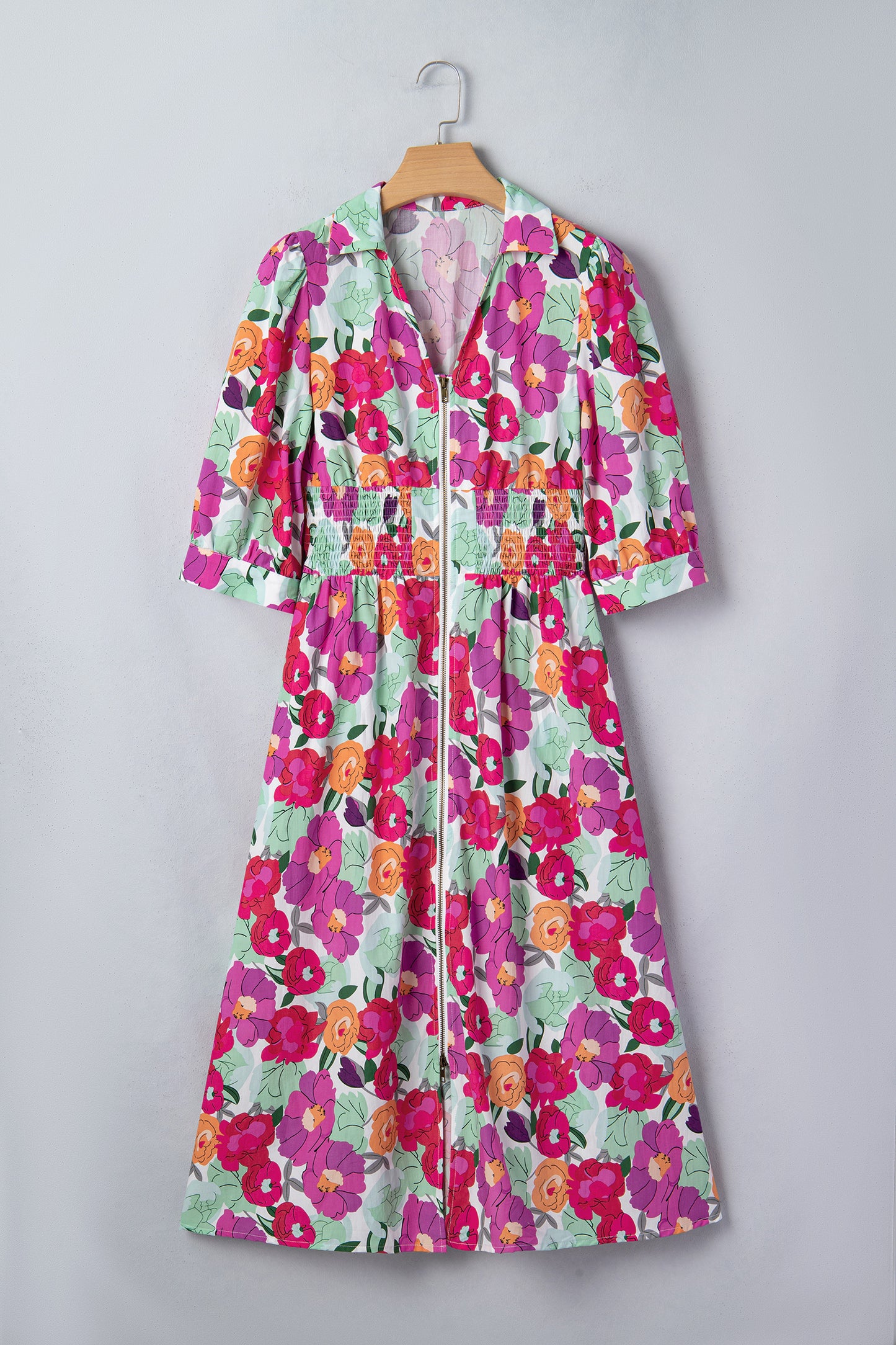 Rose Vibrant Floral Print V Neck Zip Up Puffy Half Sleeve Dress