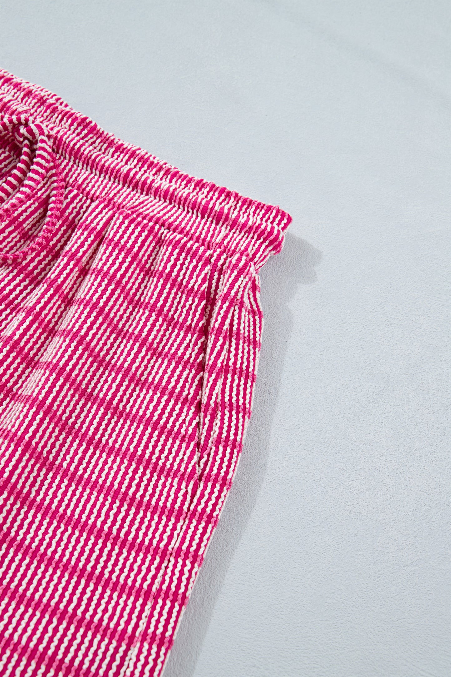 Rose Stripe Raised Rib Loose Tee Drawstring Elastic Waist 2pcs Short Set