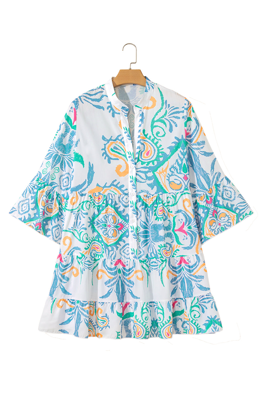 Sky Blue Ethnic Print Boho Tiered Mini Dress