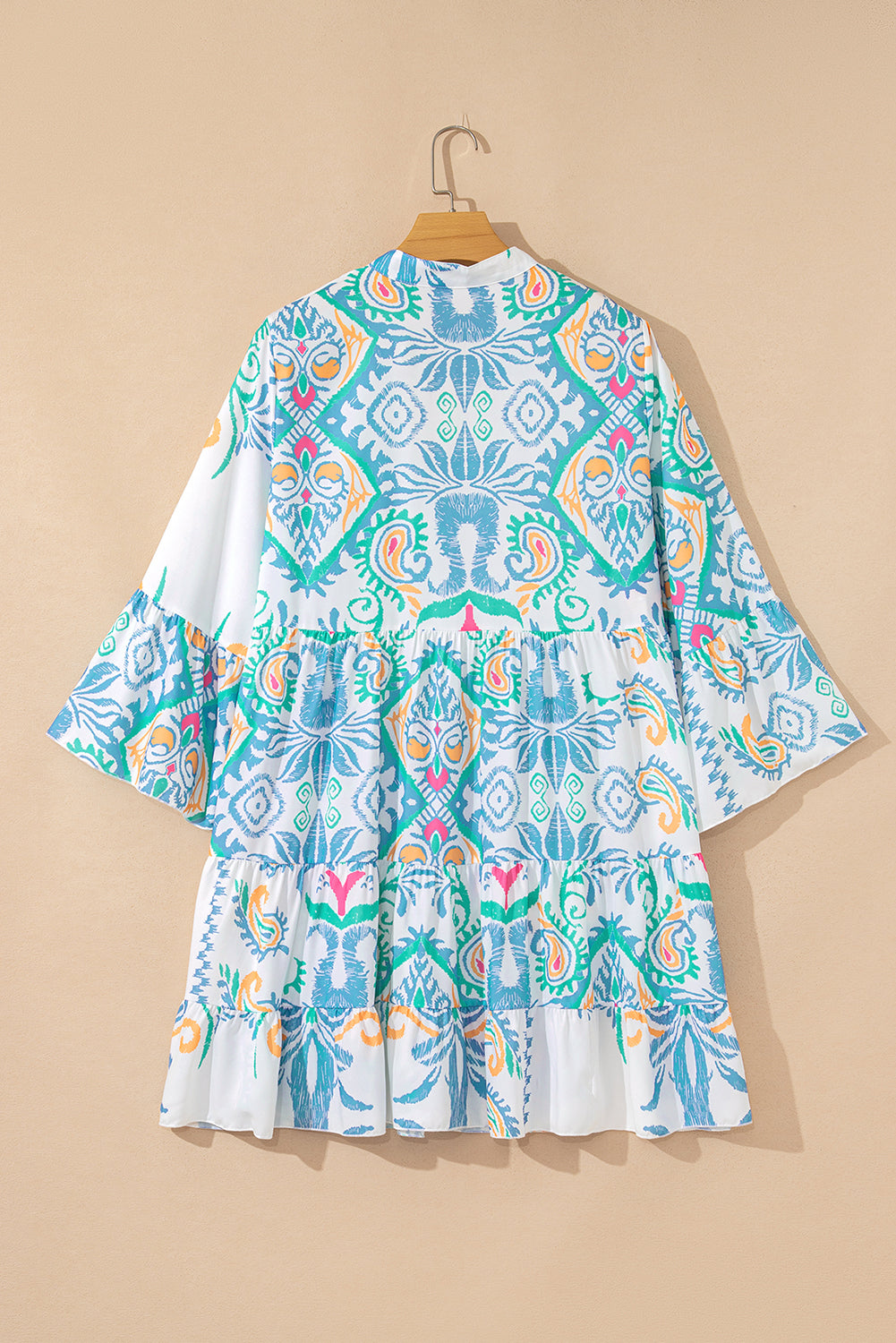 Sky Blue Ethnic Print Boho Tiered Mini Dress