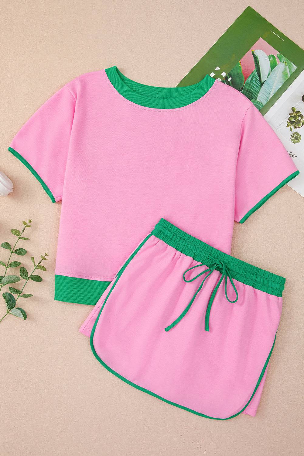 Moonlight Jade Colorblock Edge Drop Shoulder T Shirt and Skort 2Pcs Set