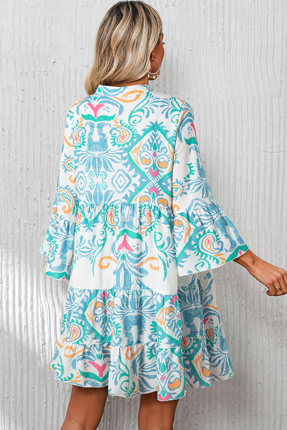 Sky Blue Ethnic Print Boho Tiered Mini Dress