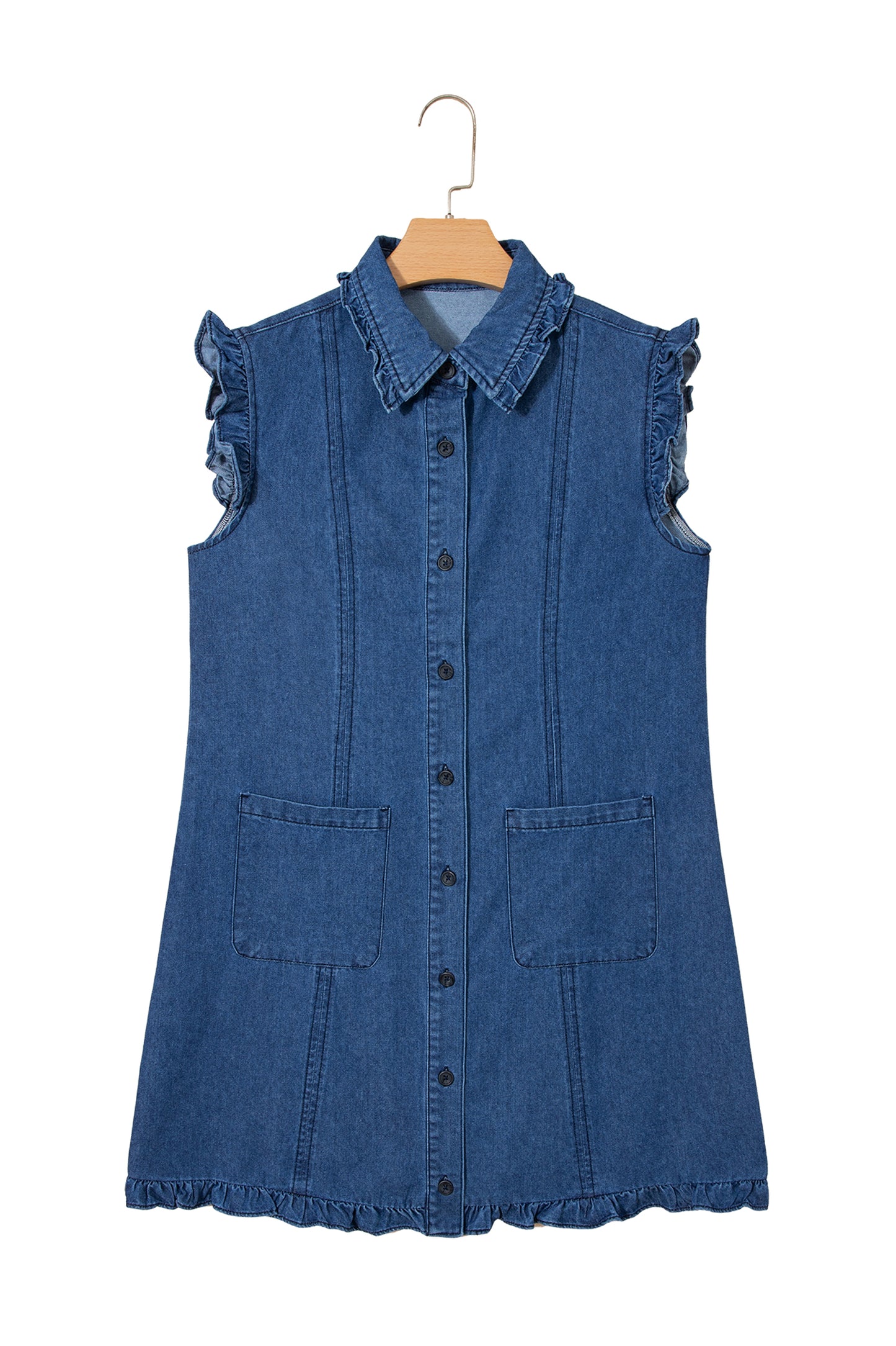 Beau Blue Ruffled Edge Collared Shift Denim Dress with Pockets
