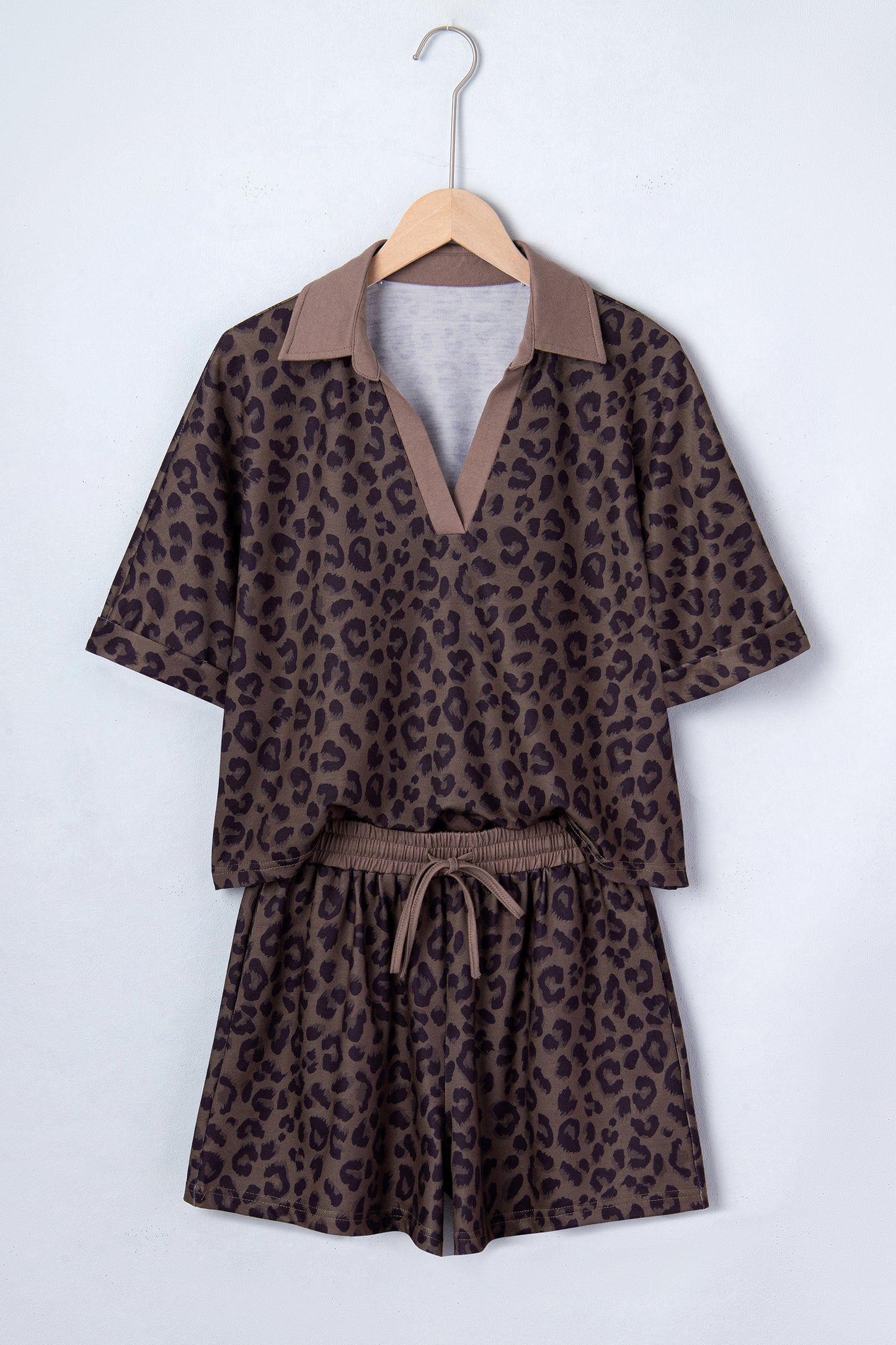 Khaki V Neck Collar Leopard Printed 2pcs Short Set