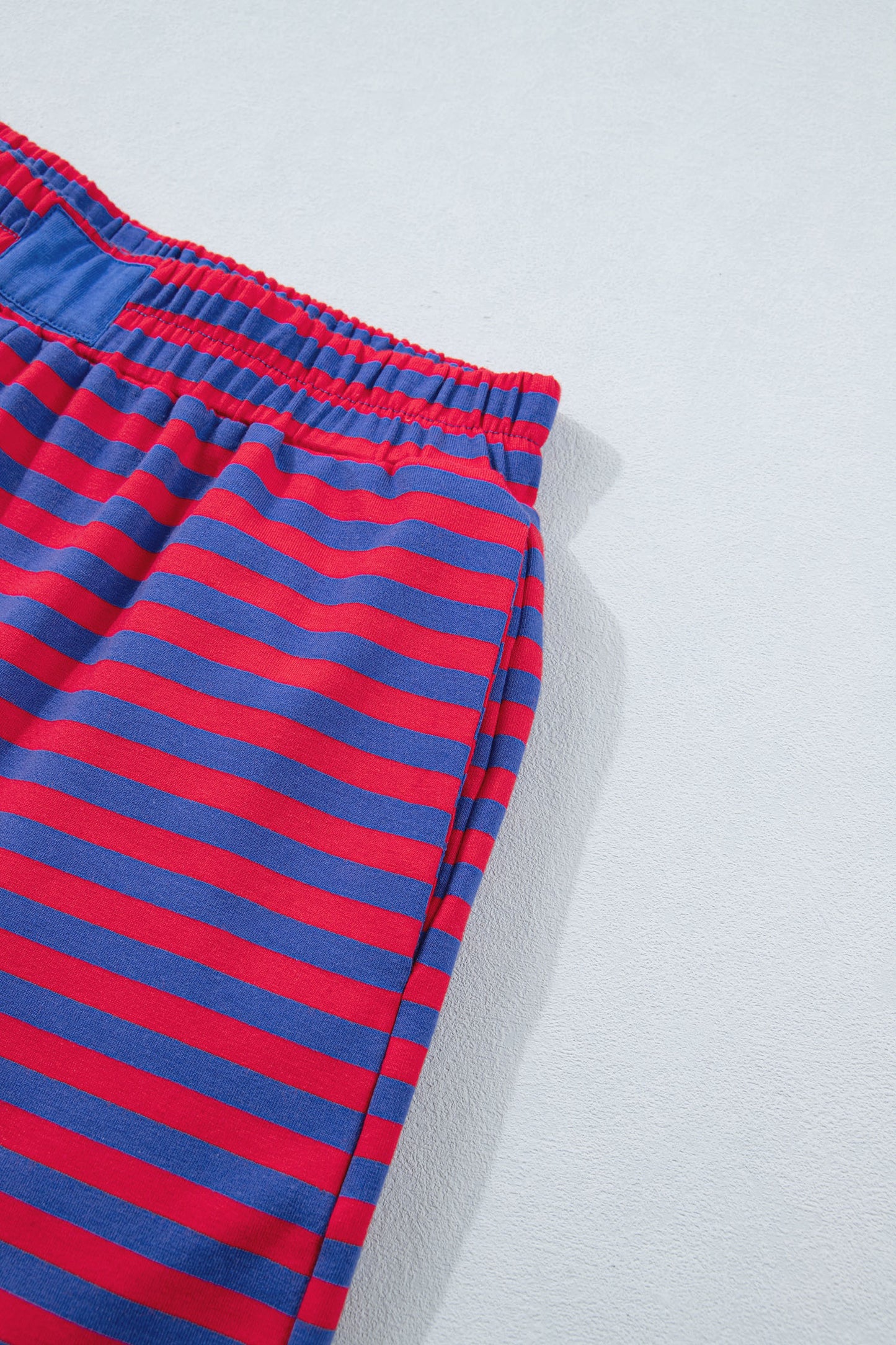 Navy Stripe Striped Ribbed Cotton Two-Piece Short Set with Chest Patch Detail