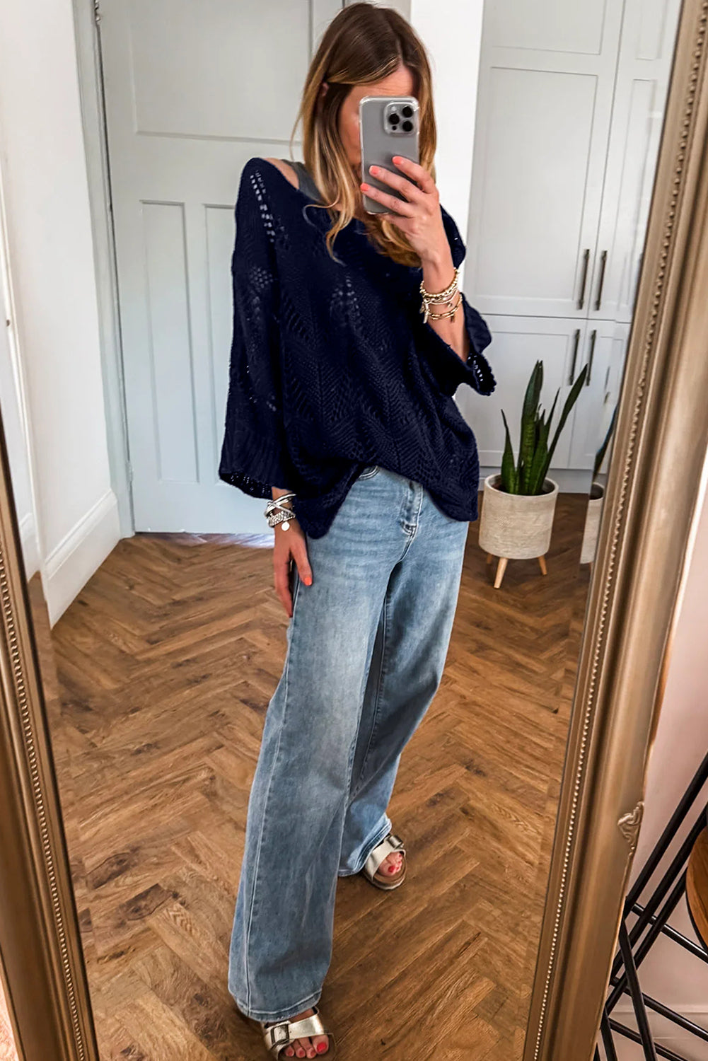 Seagrass Hollow Out Knit 3/4 Sleeve Loose Sweater