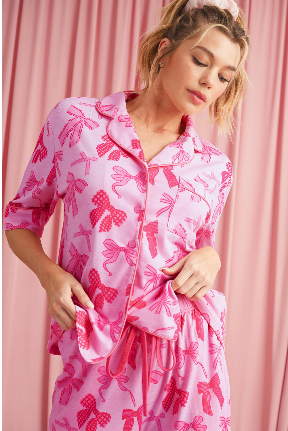 Pink Bow Knot Print Lapel Collar Short Sleeve and Pants Pajama Set