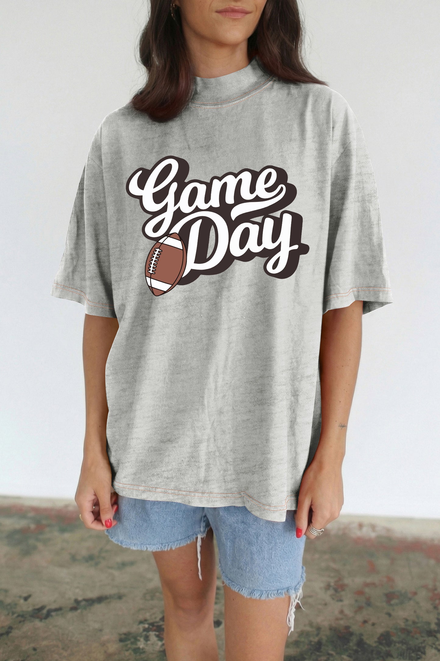 Light Grey Rugby/ Game Day Double Side Printed Mock Neck Stitched T Shirt