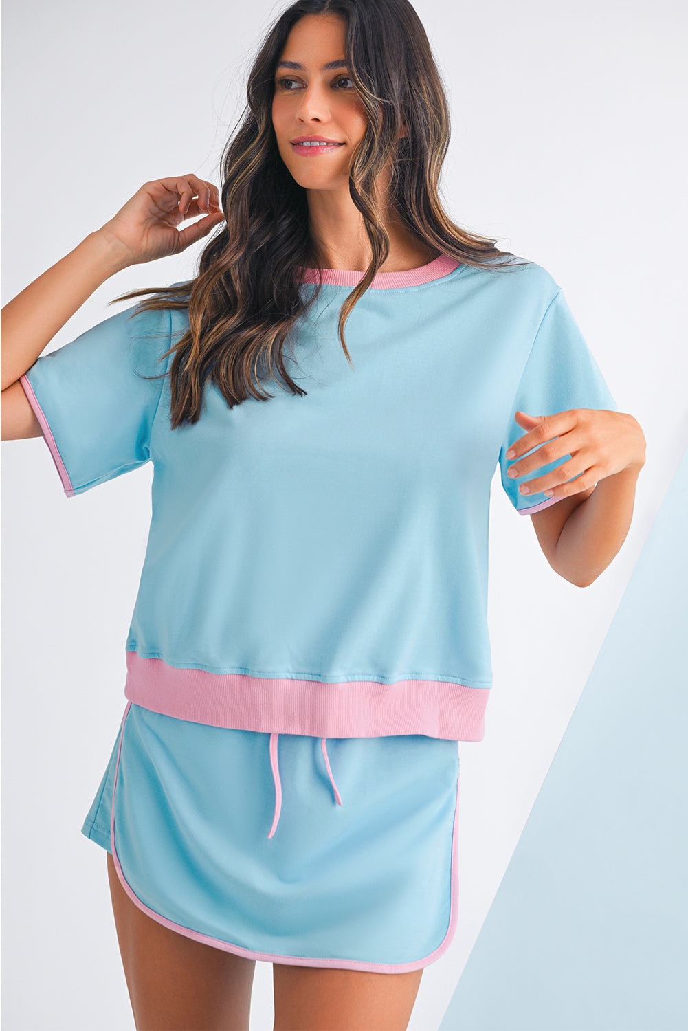 Moonlight Jade Colorblock Edge Drop Shoulder T Shirt and Skort 2Pcs Set