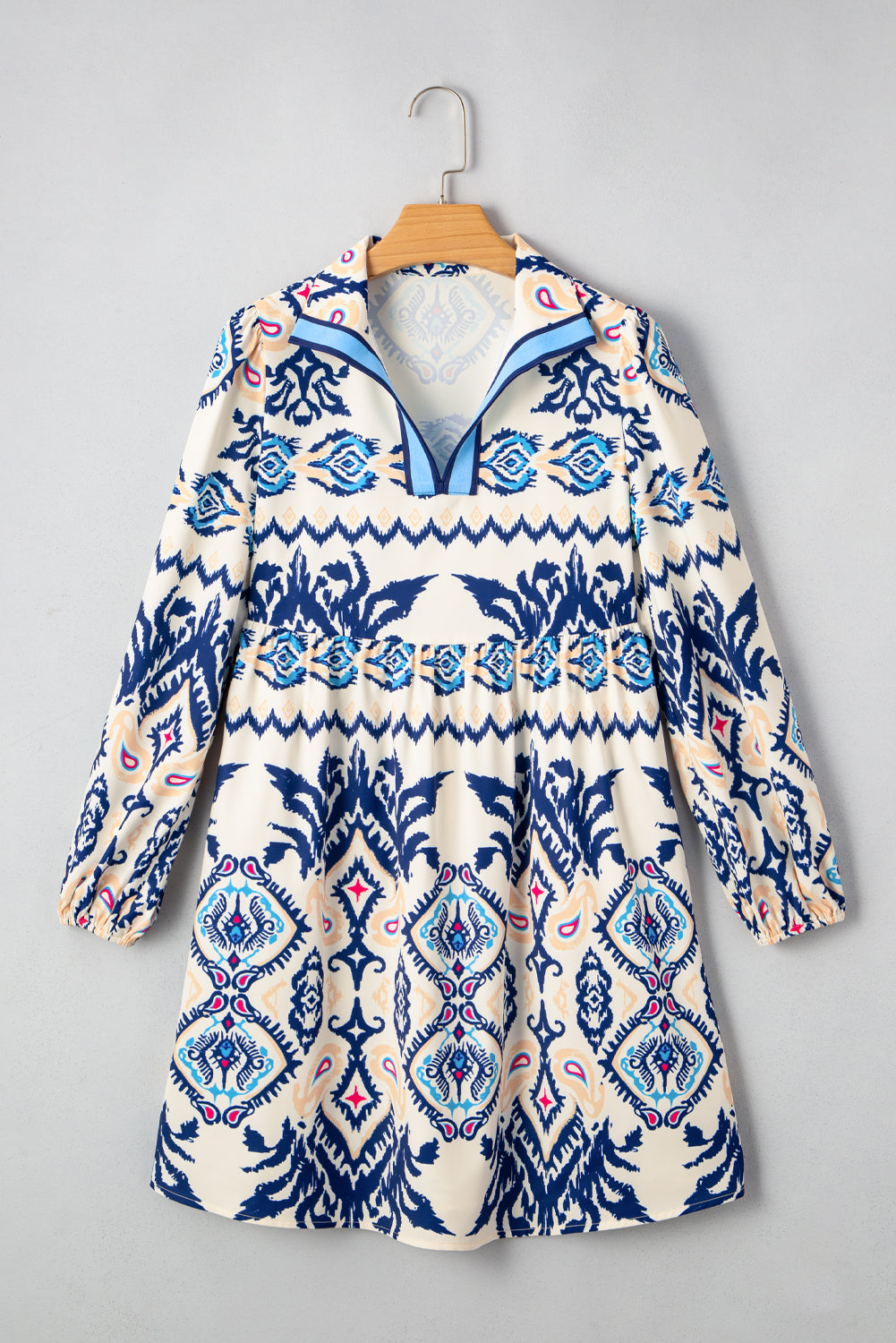 Blue Ethnic Print Pop of Color Neckline Long Sleeve Dress