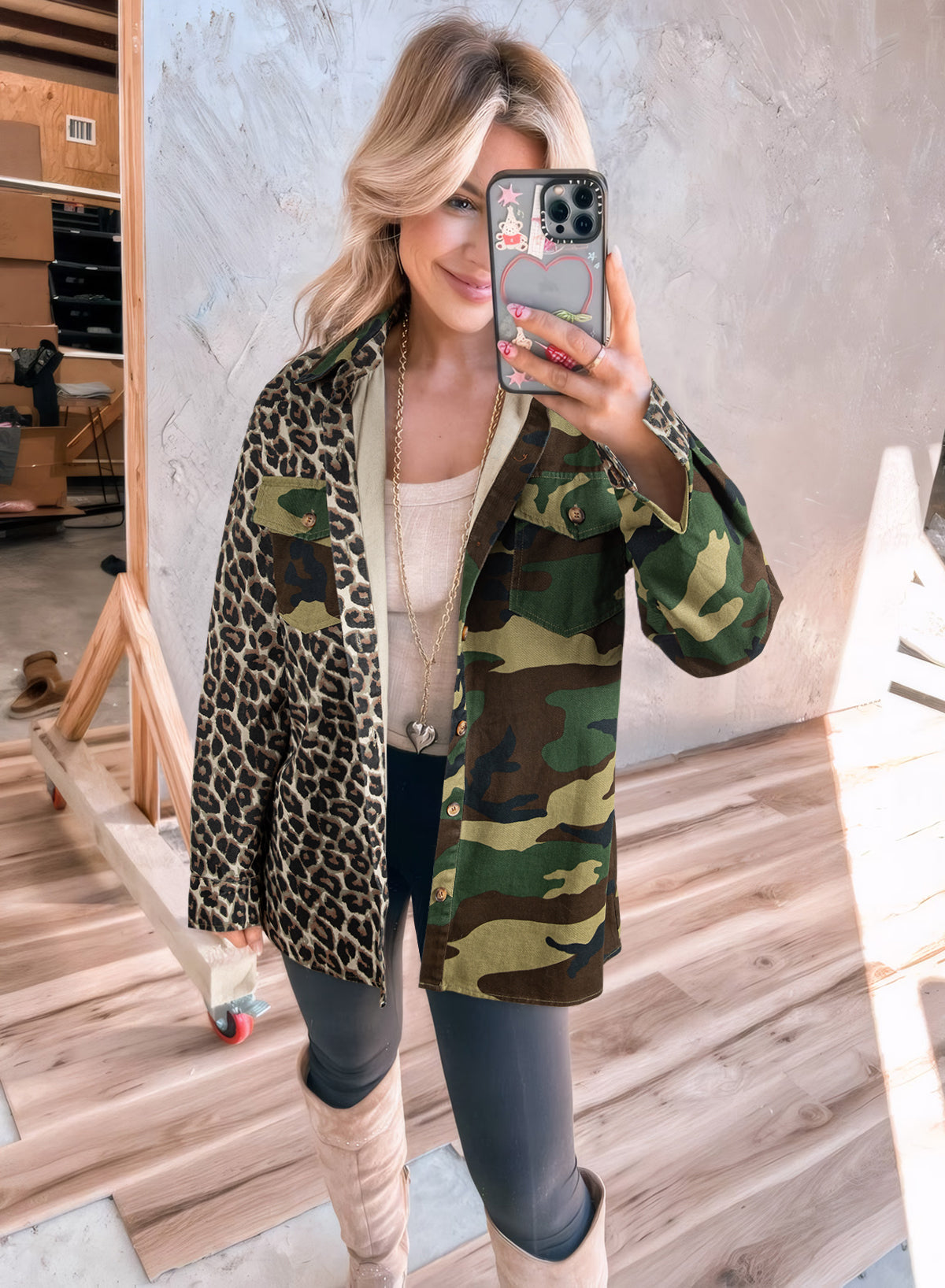 Brown Leopard Camouflage Patchwork Oversized Shacket