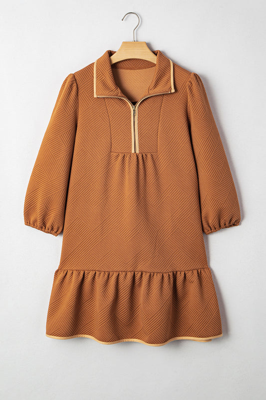 Desert Gold Quarter Zip Collar Bracelet Sleeve Textured Mini Dress