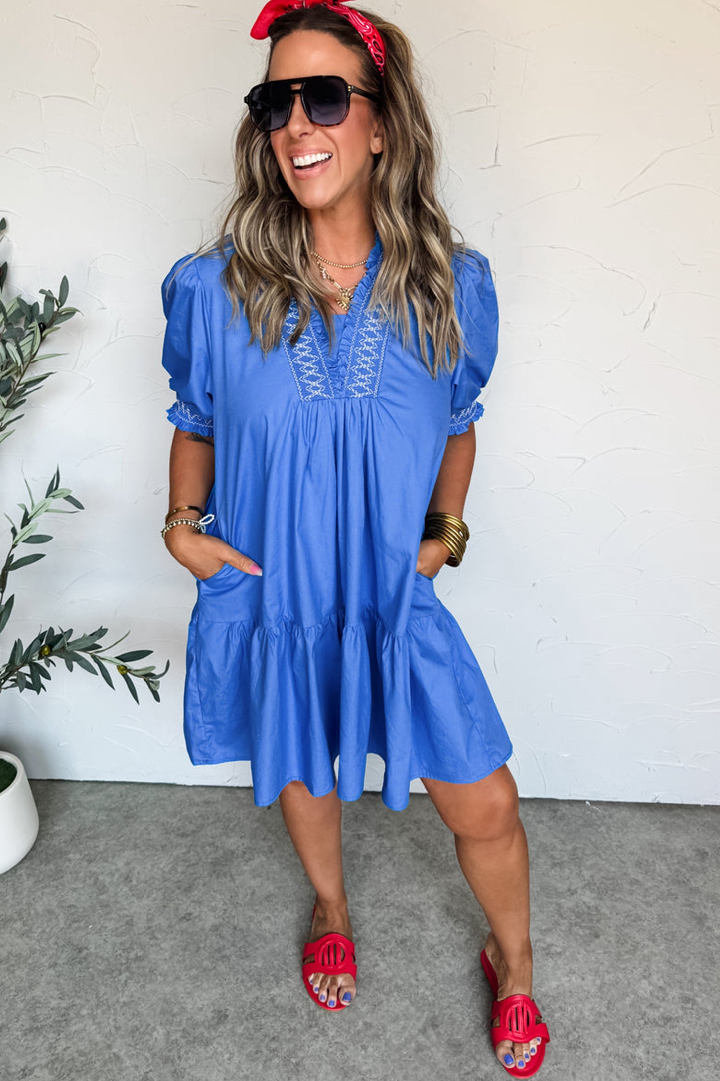 Sky Blue Embroidered Smocked Detail V Neck Short Puff Sleeve Mini Dress