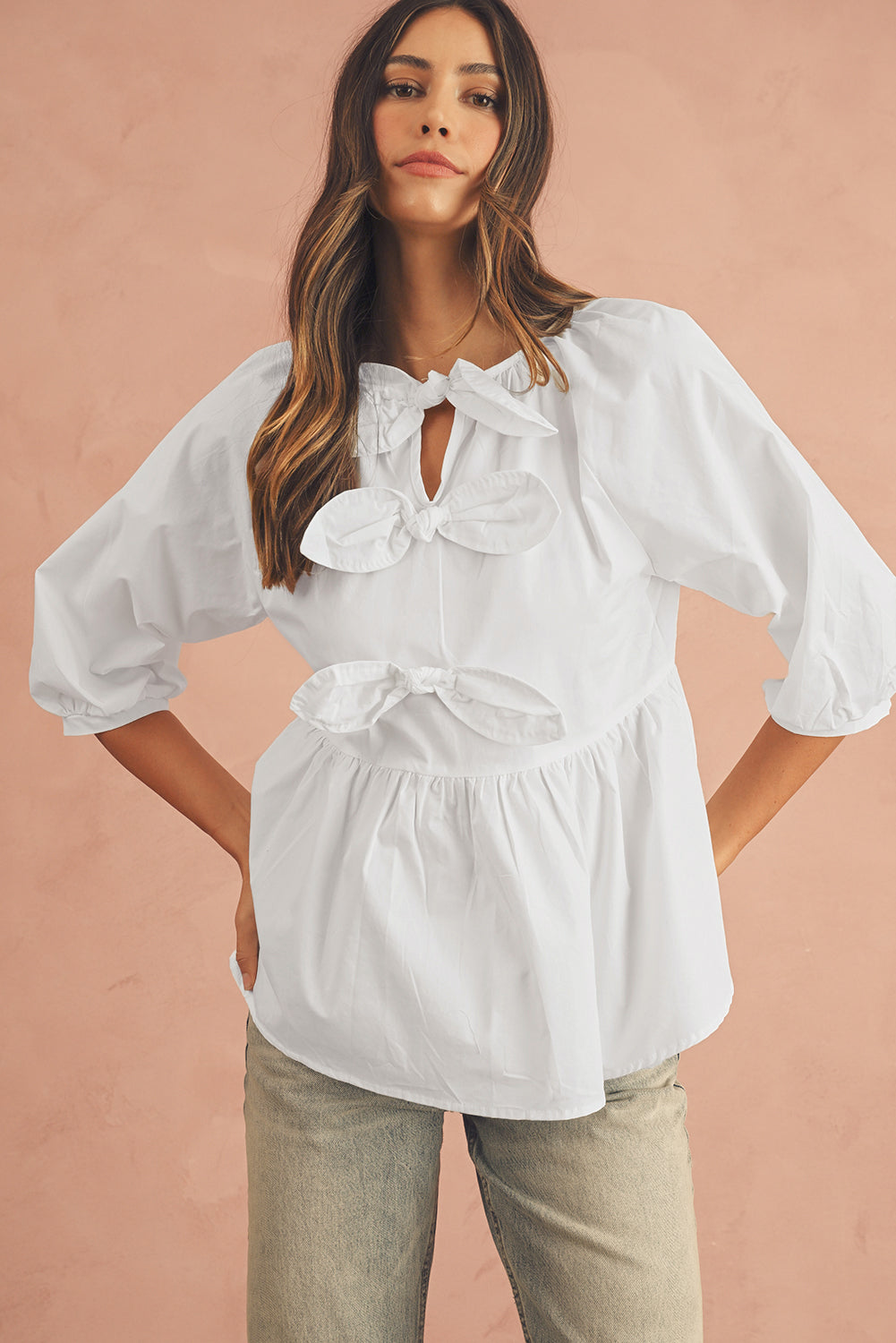 White Bow Knot Cutout Back Loose Fit 3/4 Sleeve Blouse