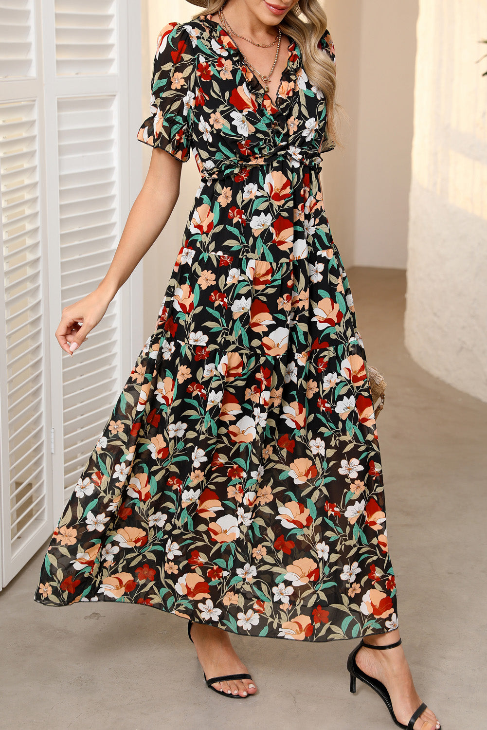 Multicolor Fiery Floral Print Frilled V Neck Short Sleeve Maxi Dress