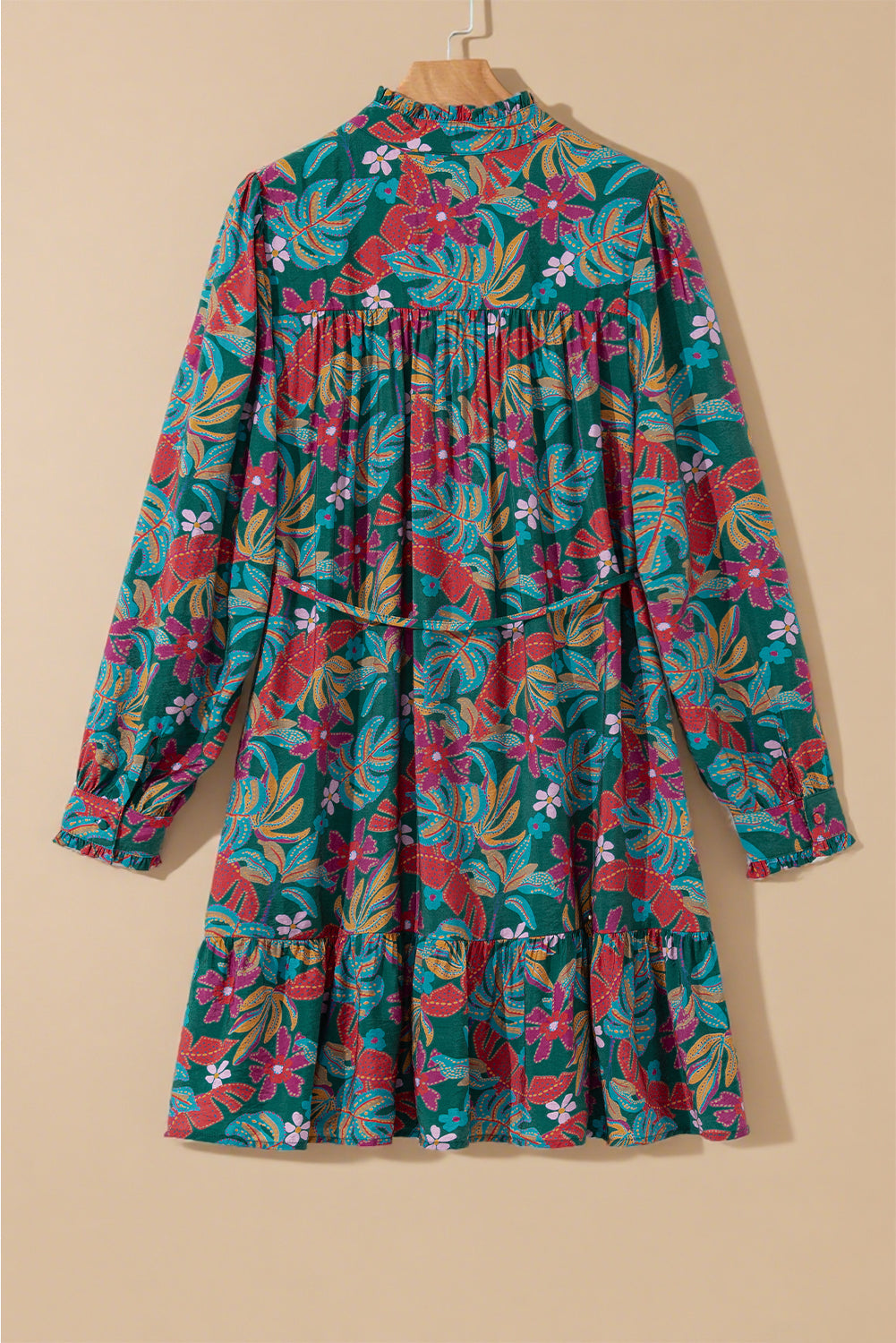 Green Floral Frill V Neck Puff Sleeve Ruffle Mini Dress
