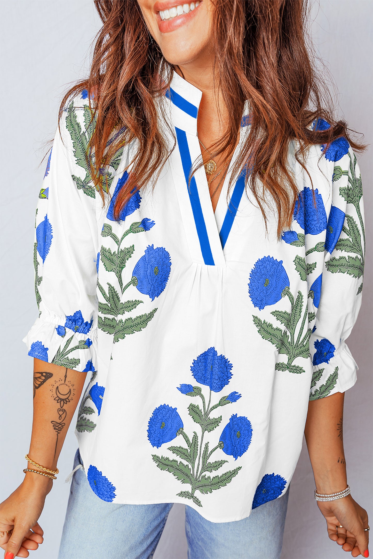 Green Casual Wild Flower Print V Neck 3/4 Sleeve Blouse
