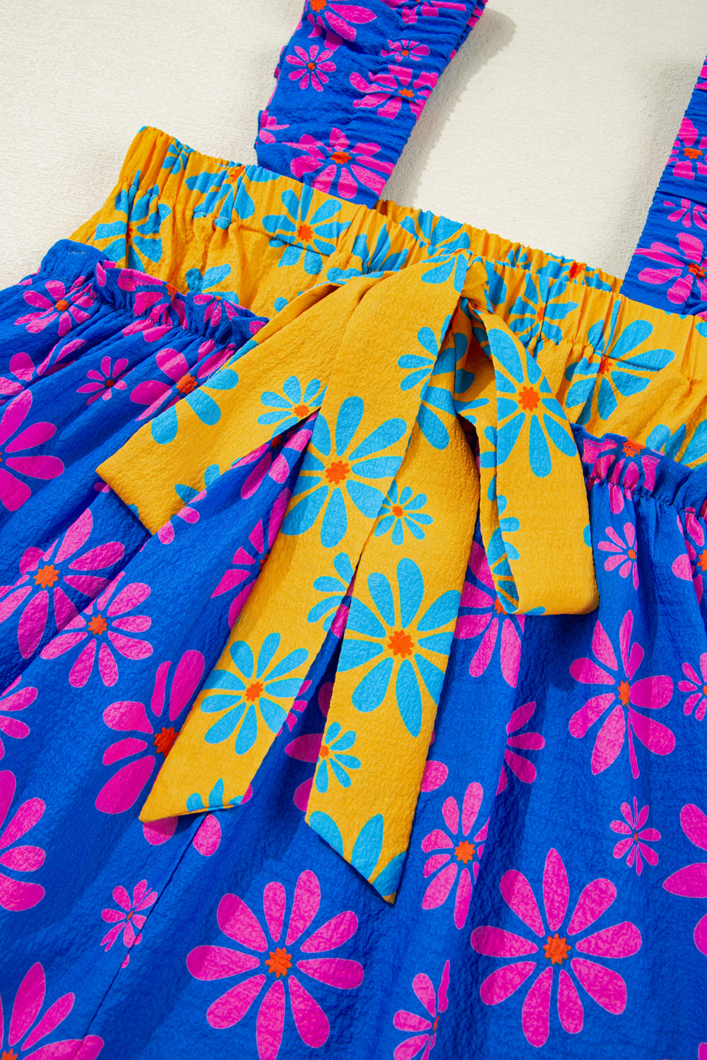 Blue Flower Colorblock Smocked Flutter Straps Flowy Top