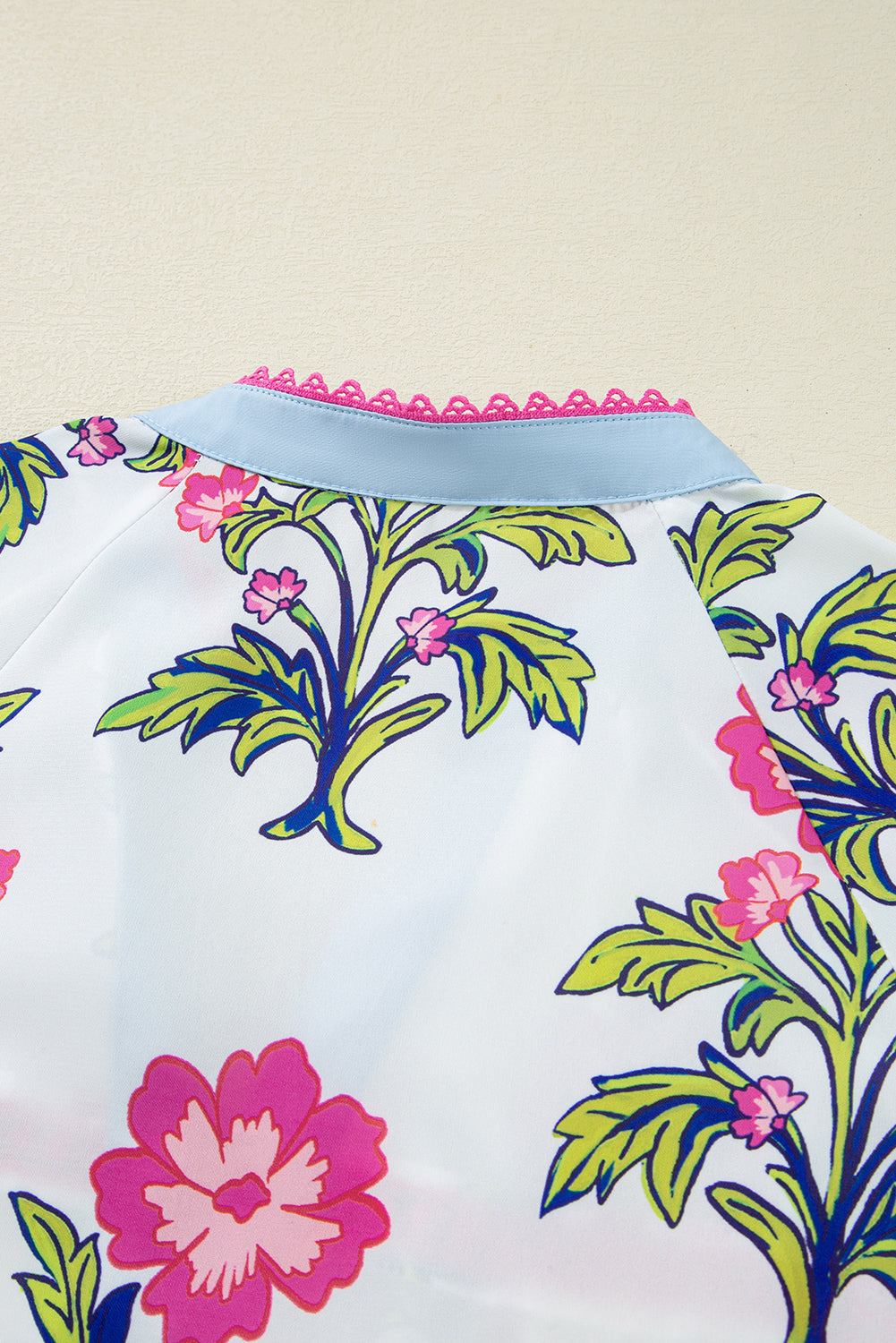 Rose Vintage Floral Print Contrast Notched V Neck Plus Size Summer Blouse