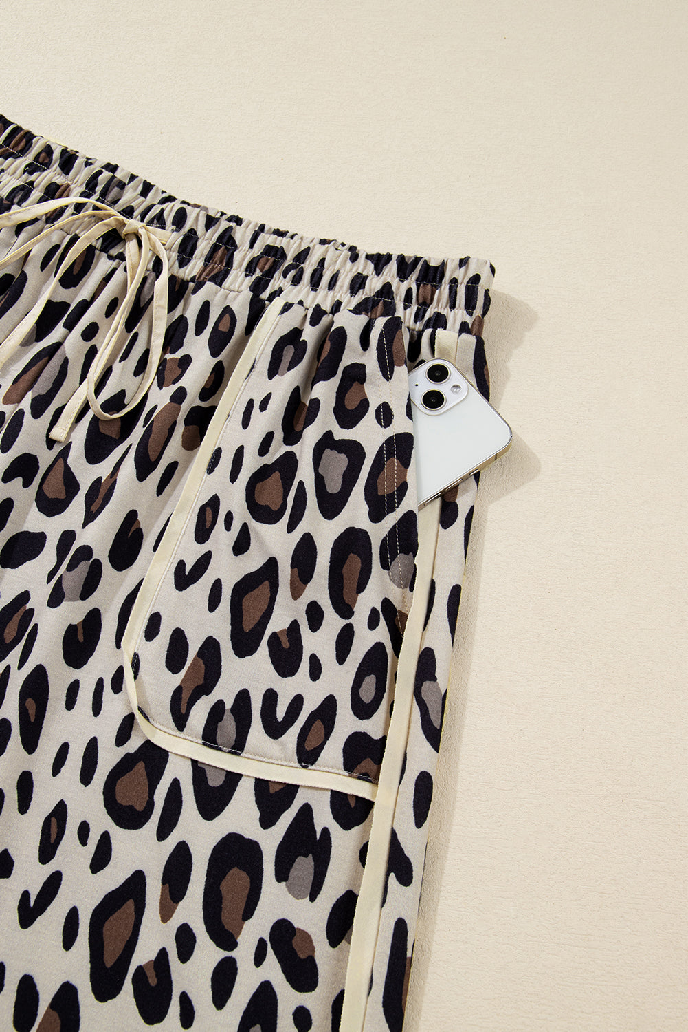 Khaki Exposed Seam Patched Pocket Plus Size Leopard Wide Leg Pants