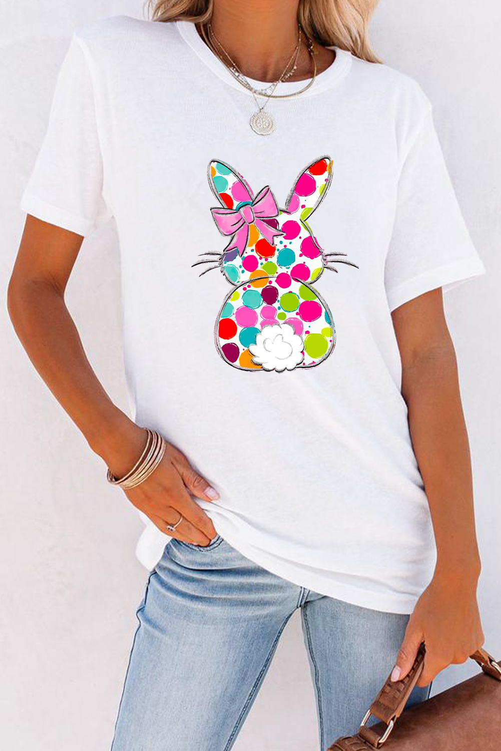 White Polka Dot Bow Rabbit Heat Transfer Printing Graphic Crewneck Easter Tee