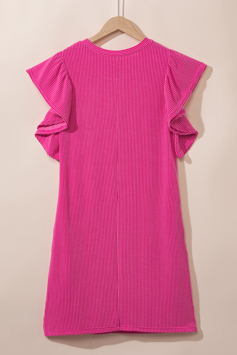 Rose Red Plain Crinkle Rib Flutter Sleeve Mini Dress
