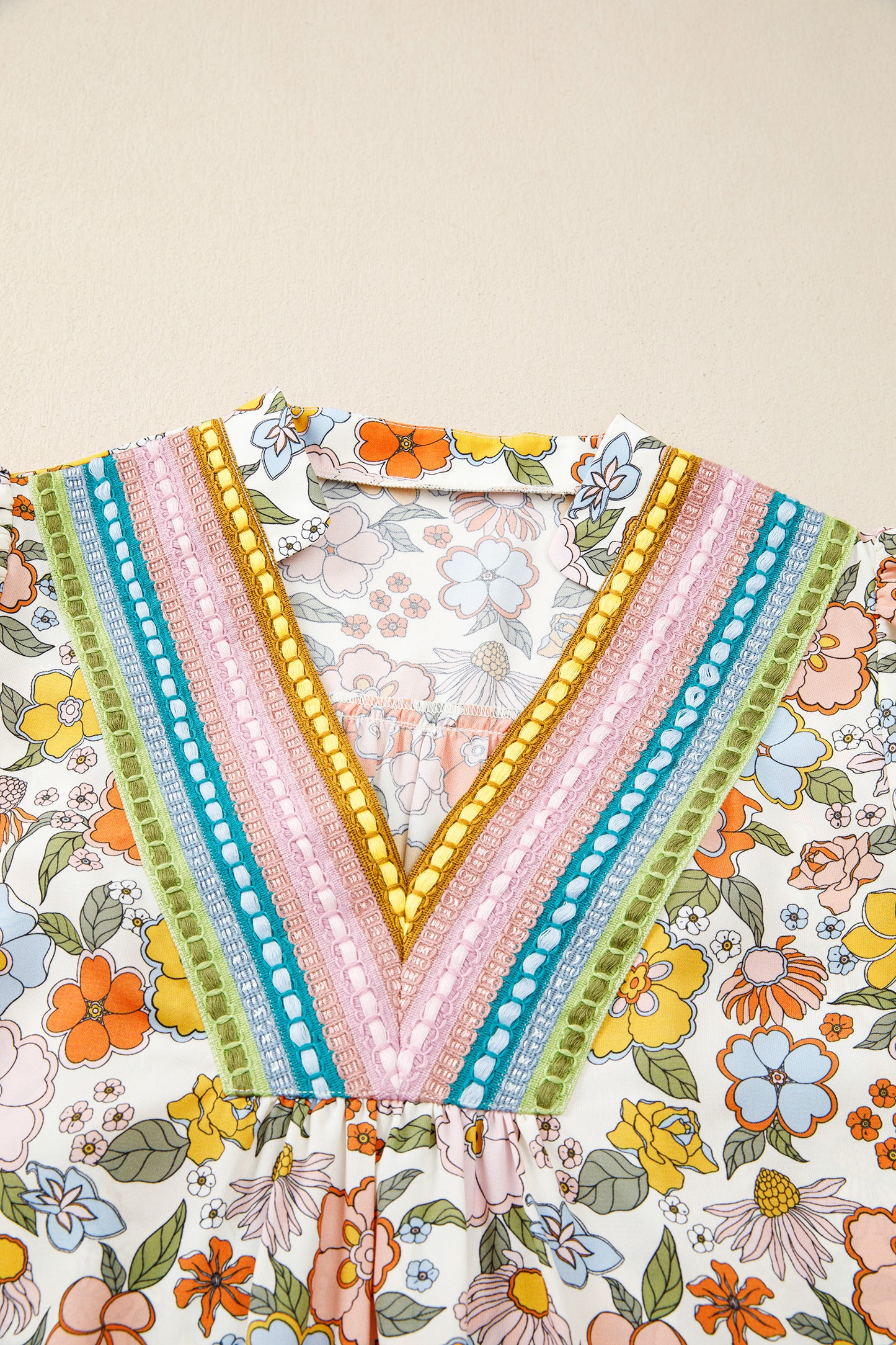 Multicolour Crochet V Neckline Puff Sleeve Boho Flower Blouse