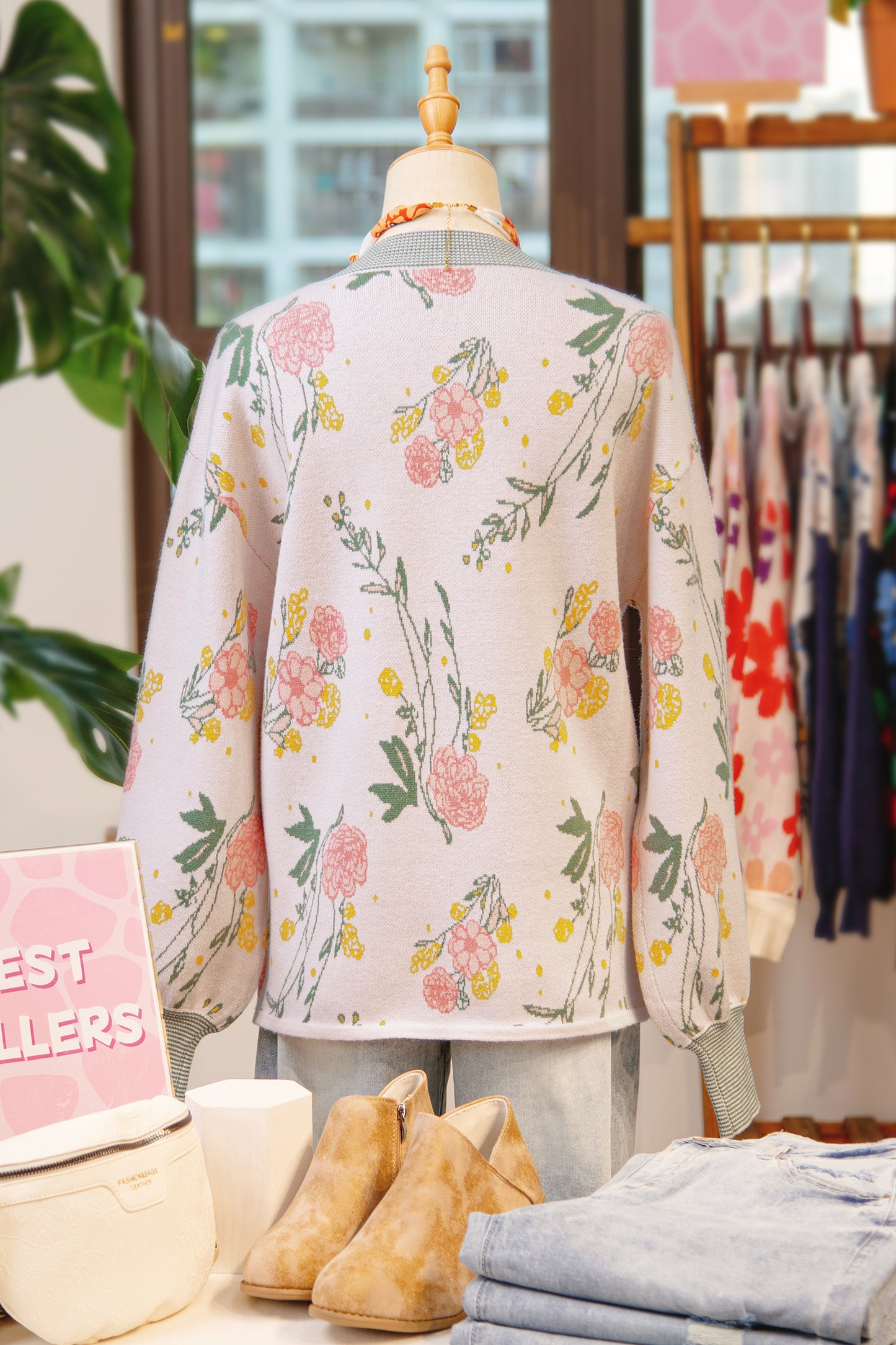 Pink Floral Pattern Striped V Neck Loose Sweater