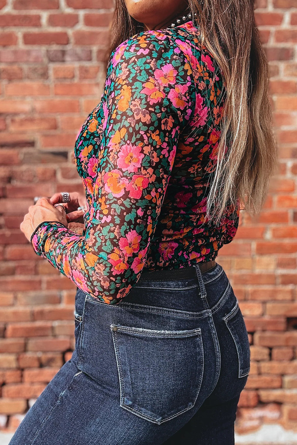 Rose Slim Fit Floral Mesh Long Sleeve Mock Neck Top