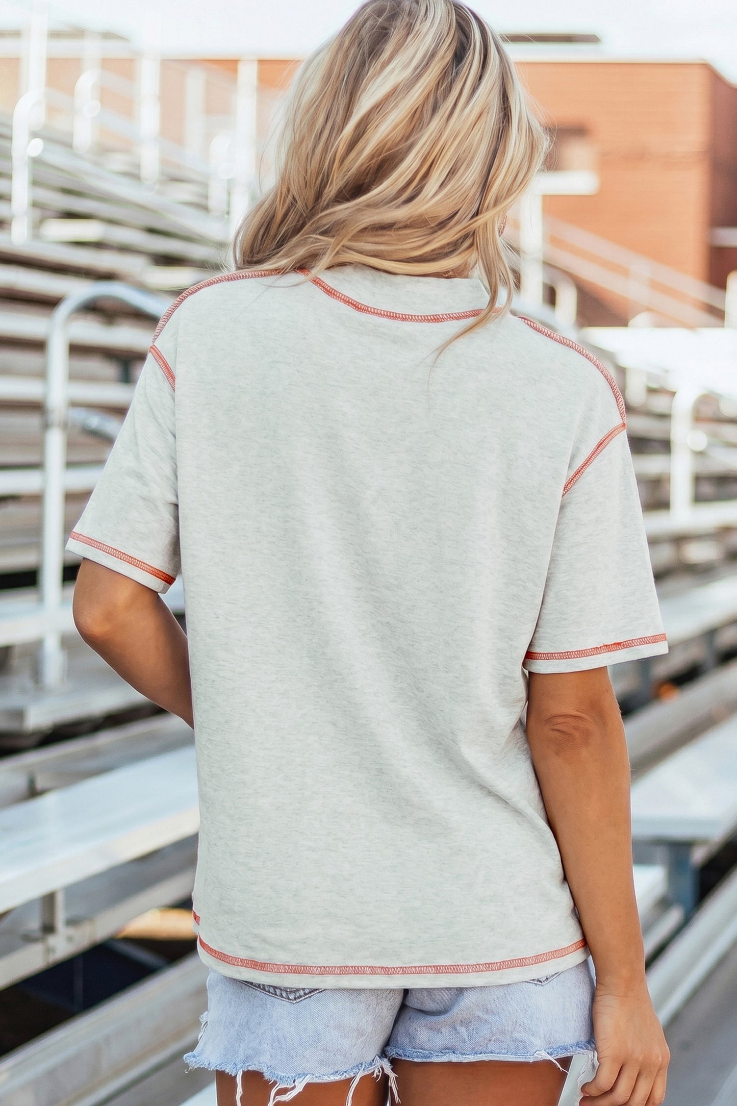 Light Grey Rugby/ Game Day Double Side Printed Mock Neck Stitched T Shirt
