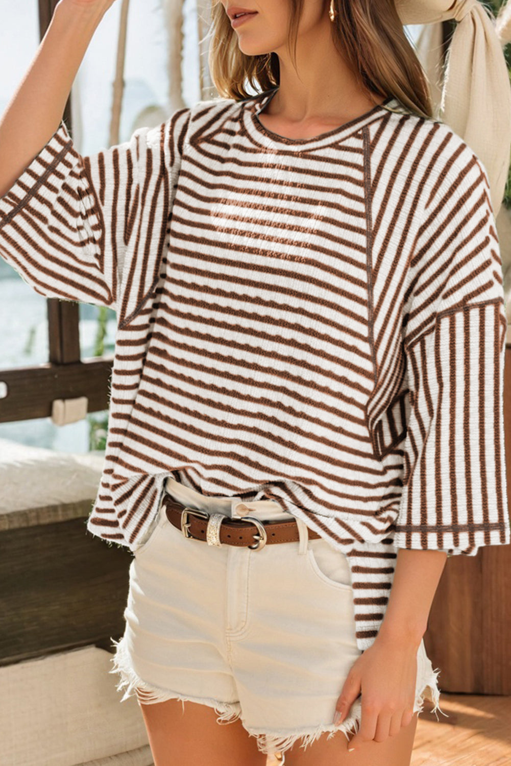 Blue Stripe Textured Knit Split Hem Half Sleeve Loose Top
