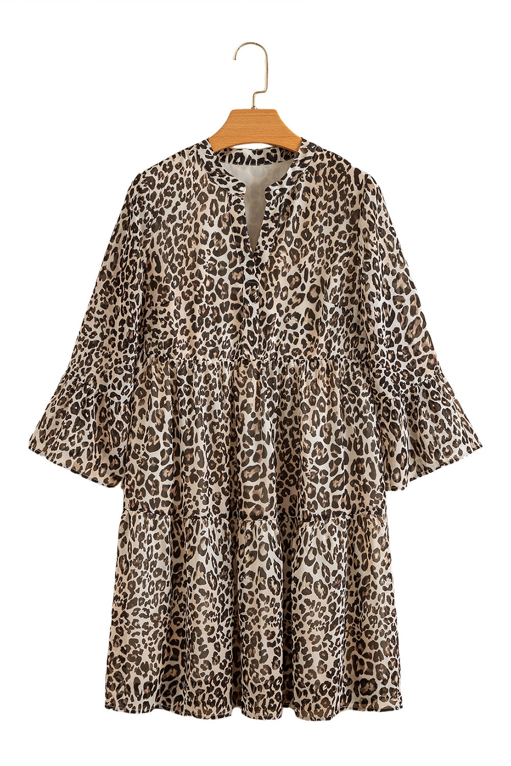 Khaki Leopard 3/4 Sleeve V Neck Swing Dress