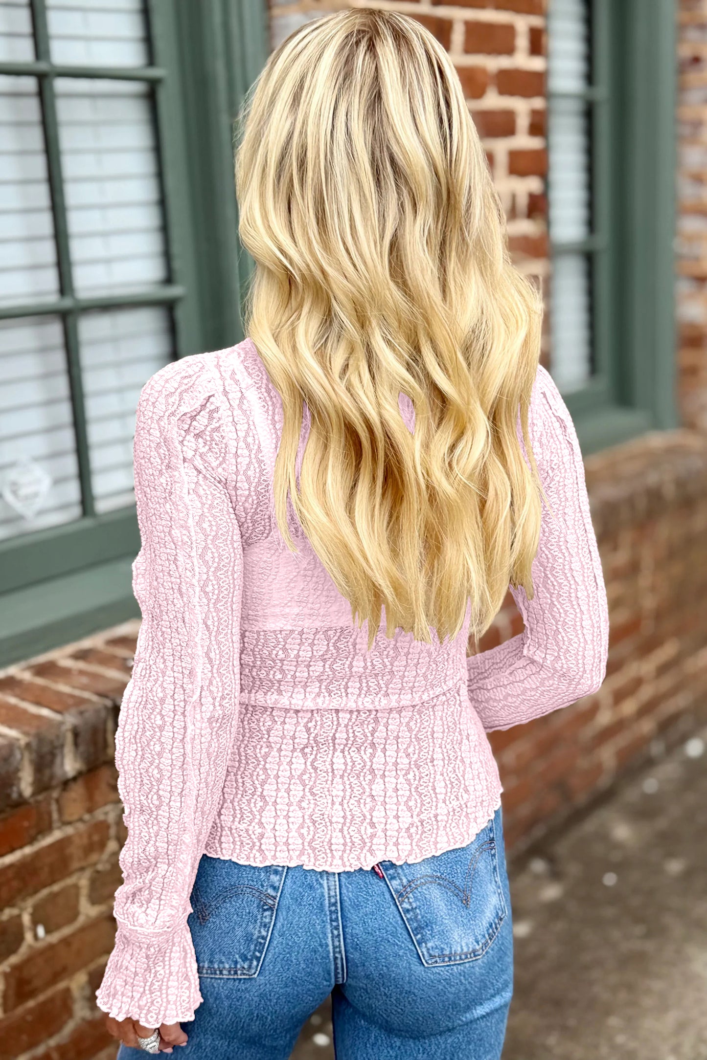 Light Pink Flounced Long Sleeve Mock Neck Sheer Lace Top