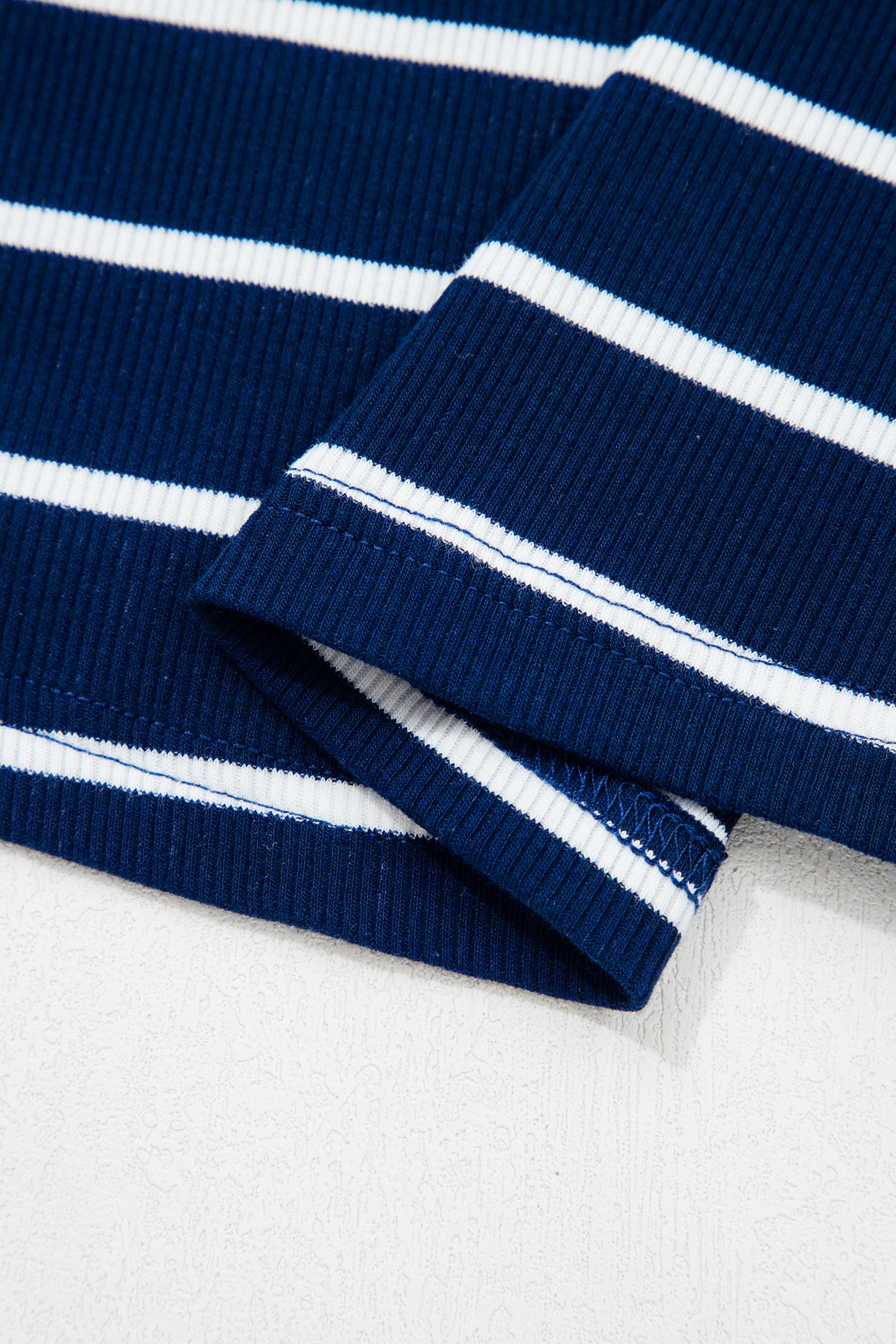 Blue Stripe Stand Collar V Neck Elastic Cuffs Half Sleeve Dolman Top
