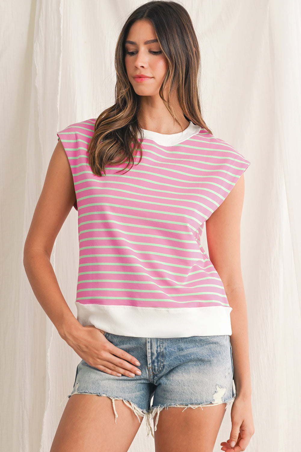 Sachet Pink Striped Contrast Trim Top