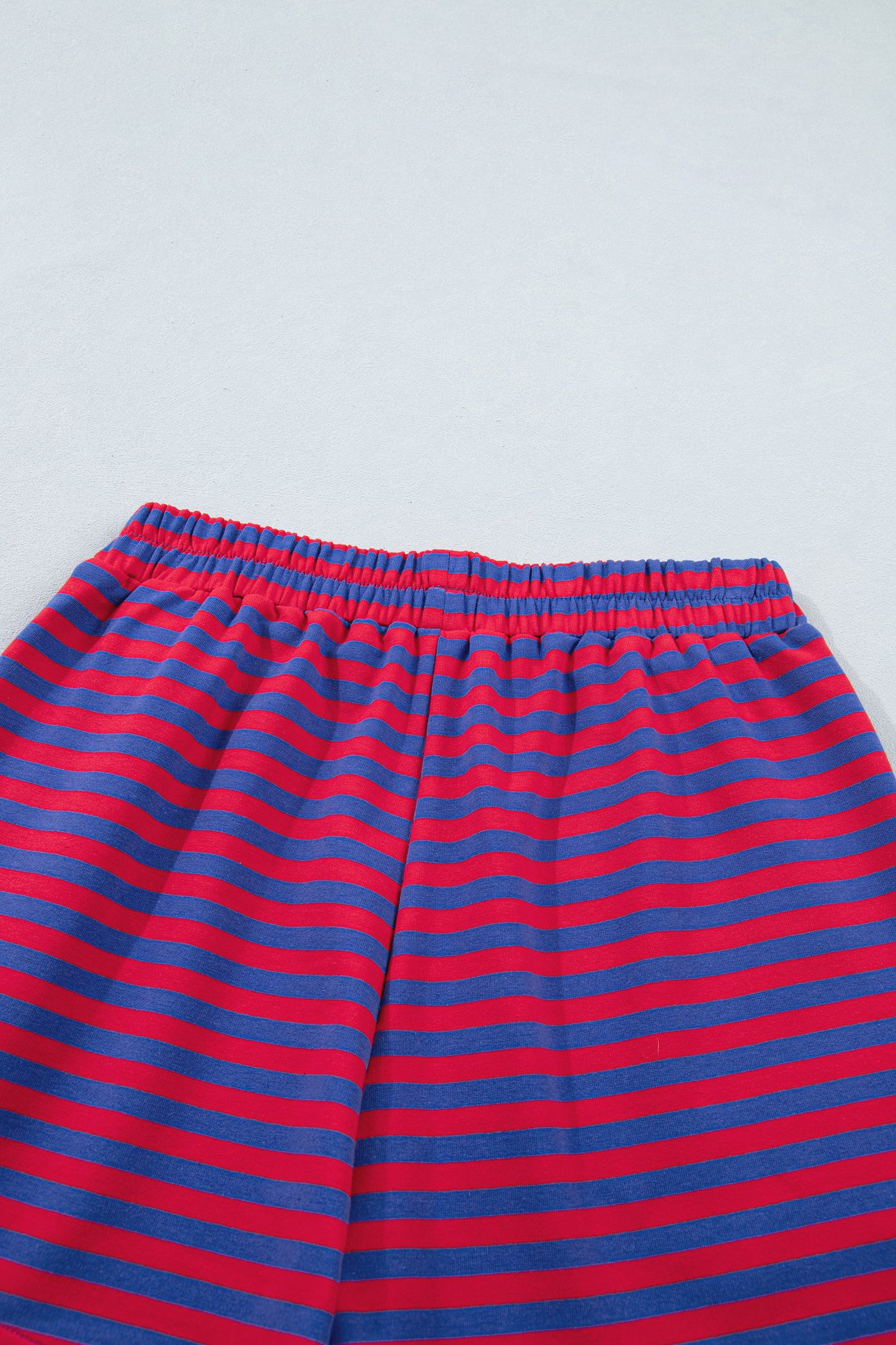 Navy Stripe Striped Ribbed Cotton Two-Piece Short Set with Chest Patch Detail