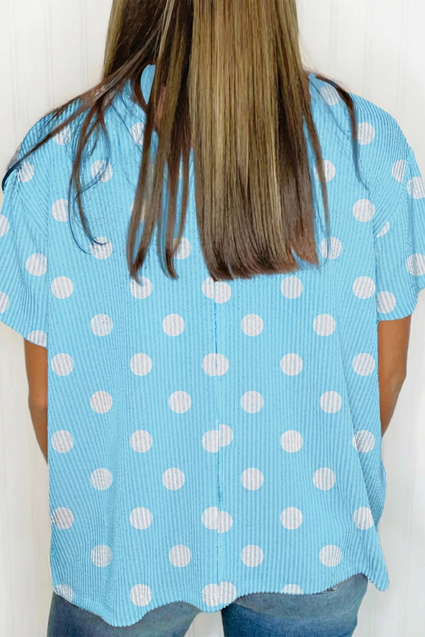 Pink Polka Dot Round Neck Drop Shoulder Patch Pocket Jacquard Texture Top