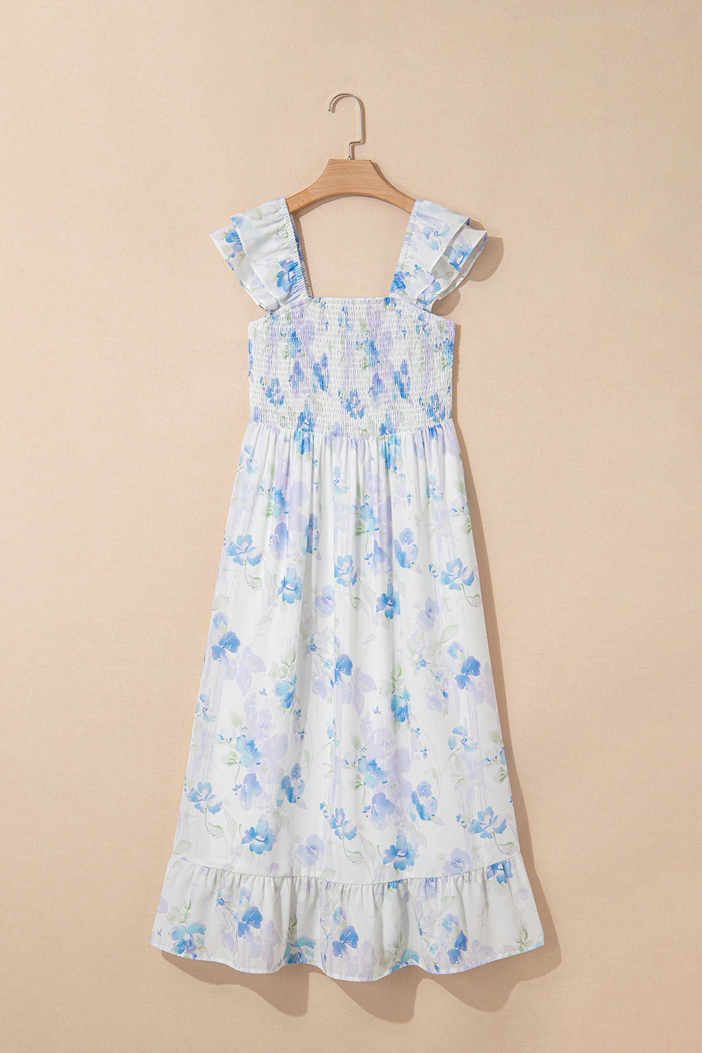 Sky Blue Floral Smocked High Waist Ruffle Sleeveless Long Dress