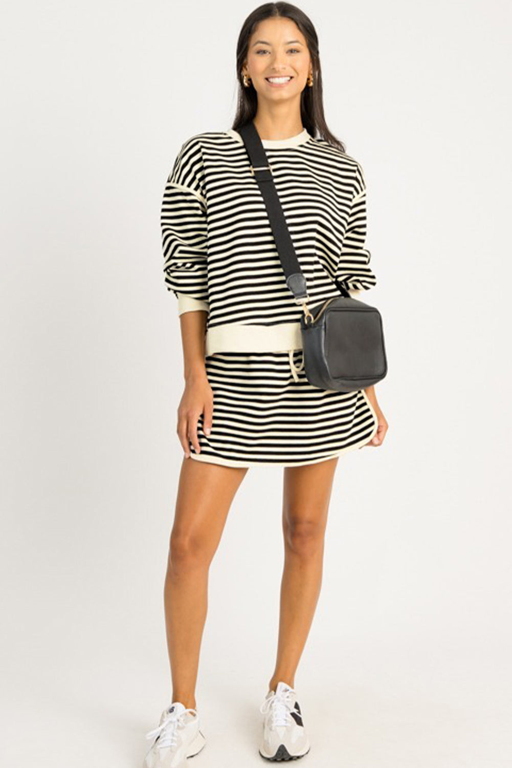 Black Stripe Textured Drop Shoulder Pullover Top Drawstring Mini Skort Two Piece Dress Set