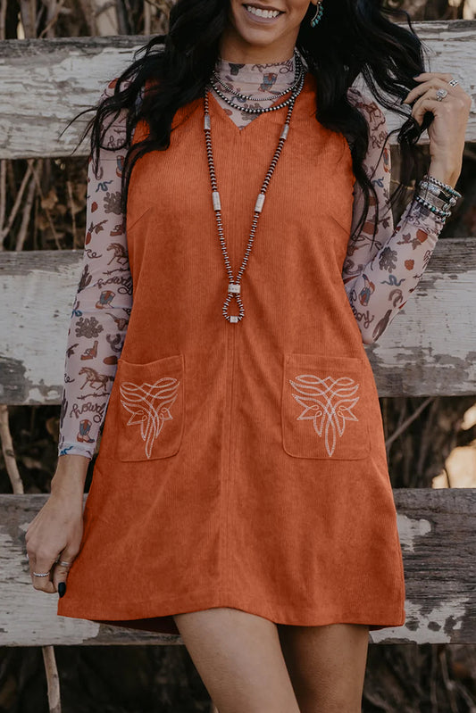 Gold Flame Corduroy Western Embroidered Patched Pocket Shift Sleeveless Mini Dress