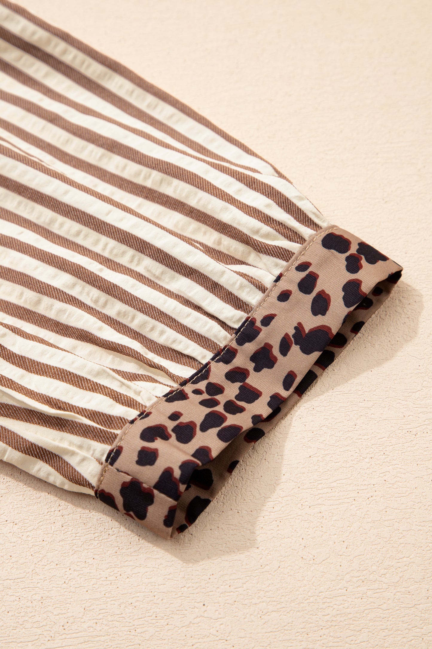 Khaki Stripe Square Button Leopard Trim Loose Bracelet Sleeve Shirt Dress