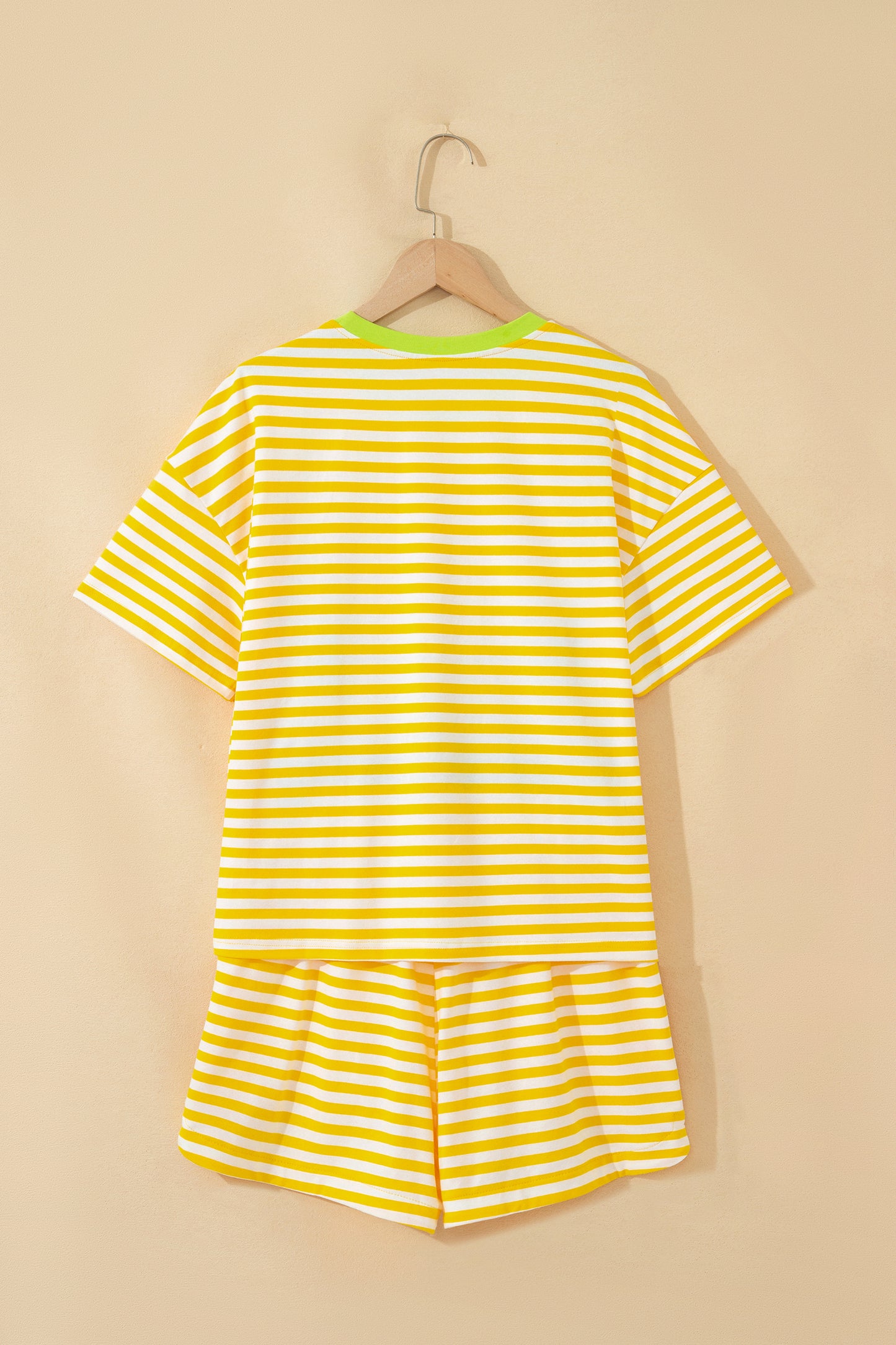 Sky Blue Stripe Contrast Neck Loose Tee and Drawstring Shorts Set