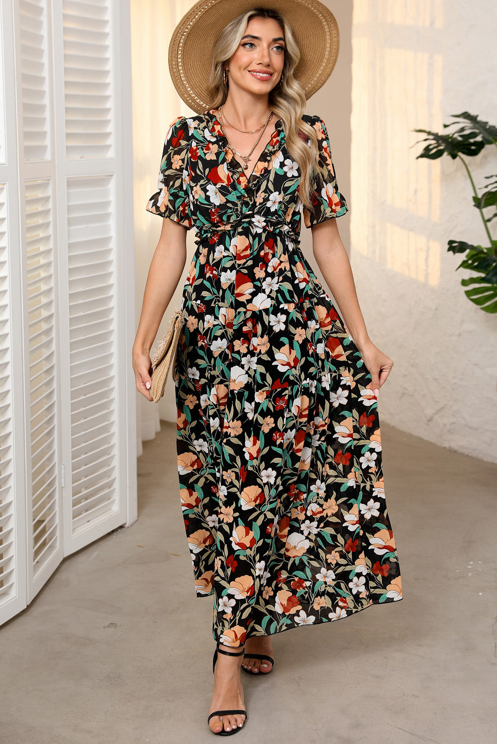 Multicolor Fiery Floral Print Frilled V Neck Short Sleeve Maxi Dress