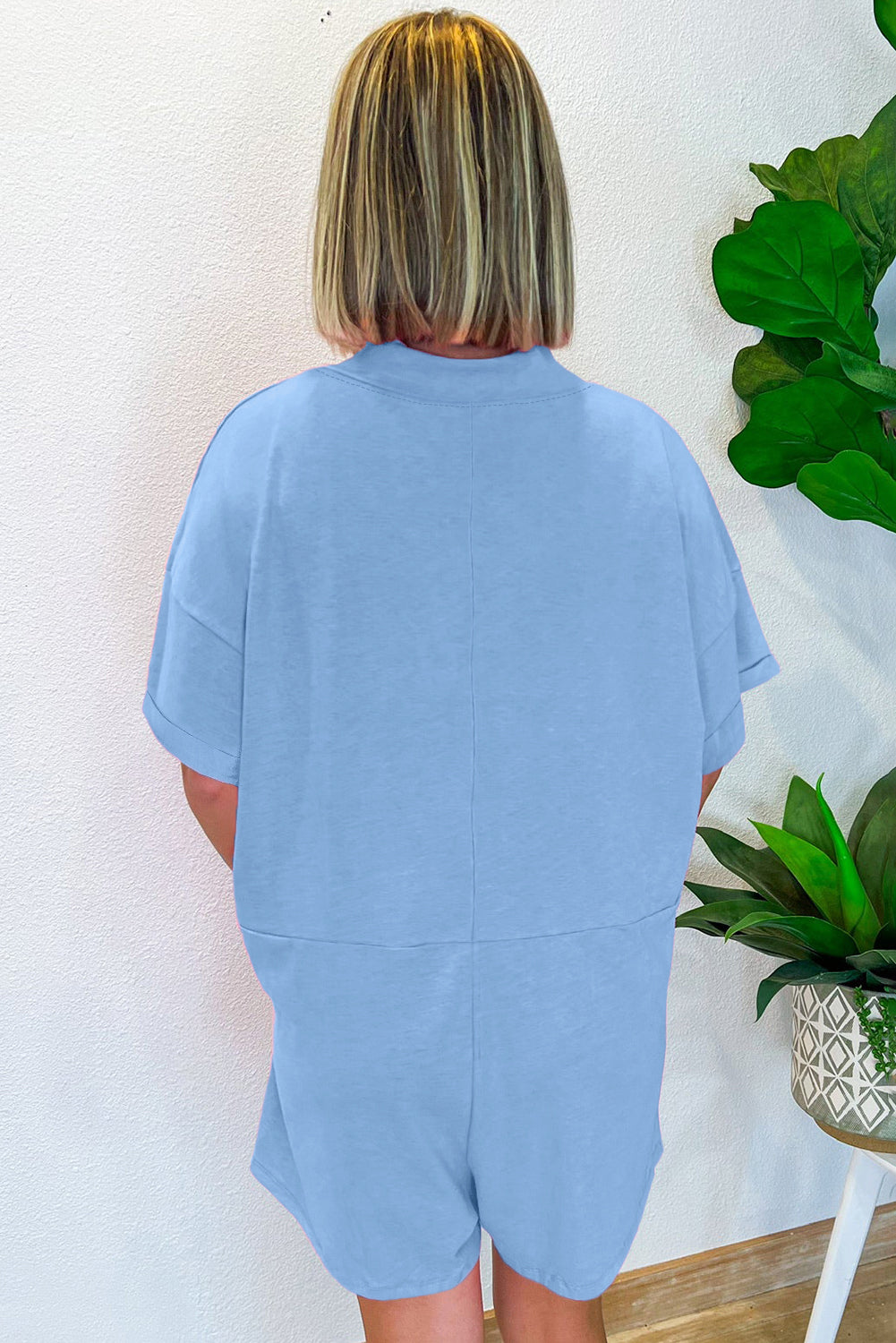 Myosotis Loose Half Sleeve V Neck Plain Romper