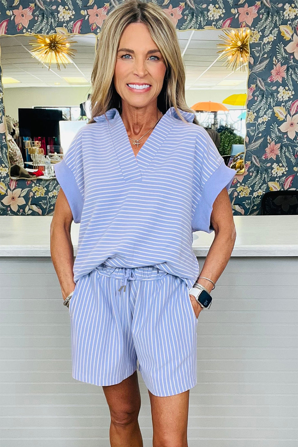 Purple Stripe Dolman Sleeve Polo Shirt and Drawstring Shorts Set