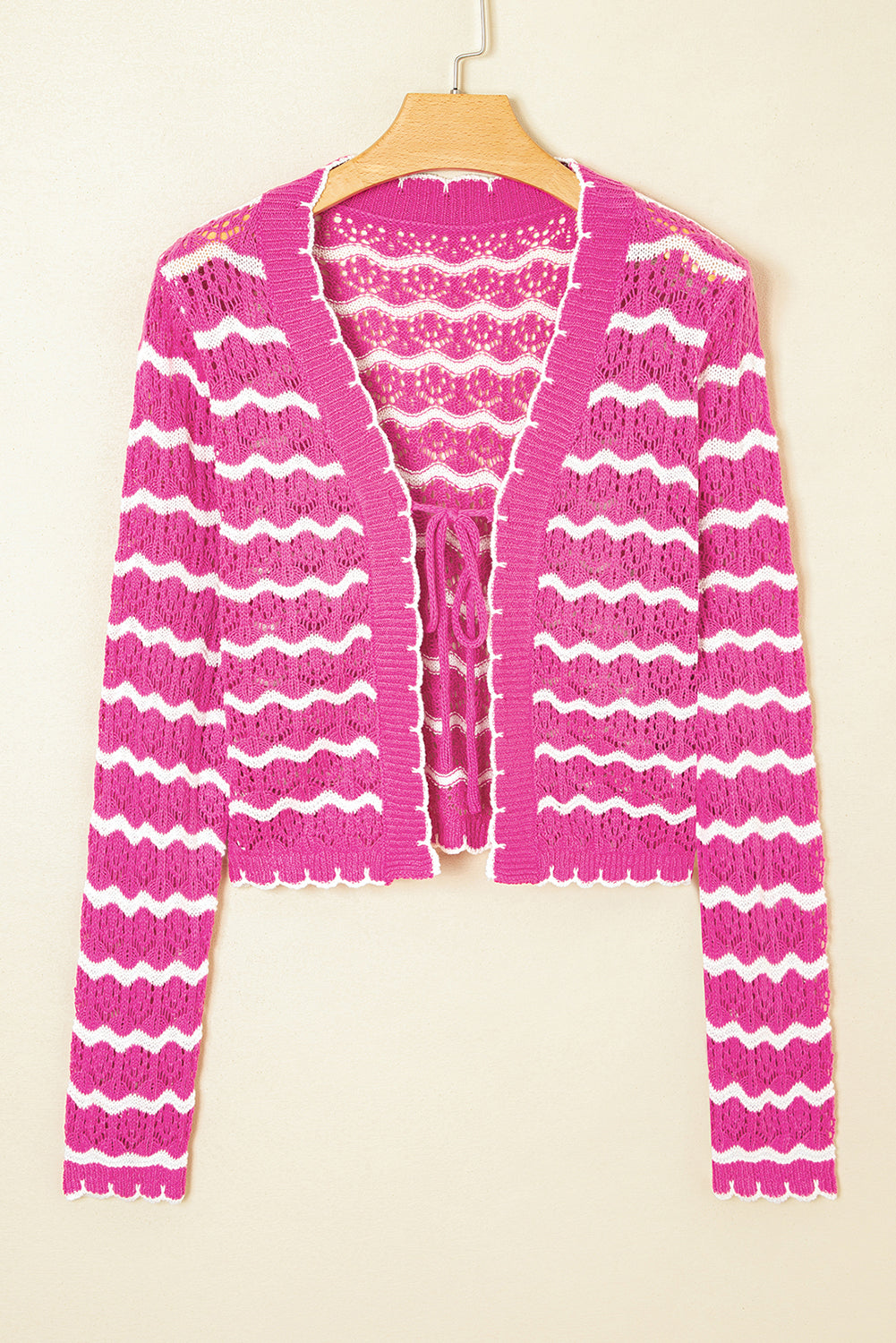 Pink Striped Scalloped Trim Tie Front Cropped Knit Cardigan