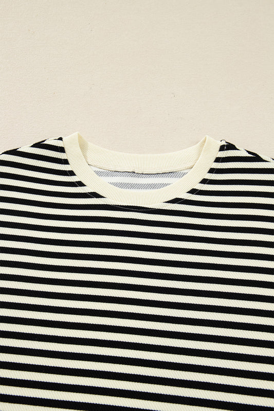 Black Stripe Textured Drop Shoulder Pullover Top Drawstring Mini Skort Two Piece Dress Set